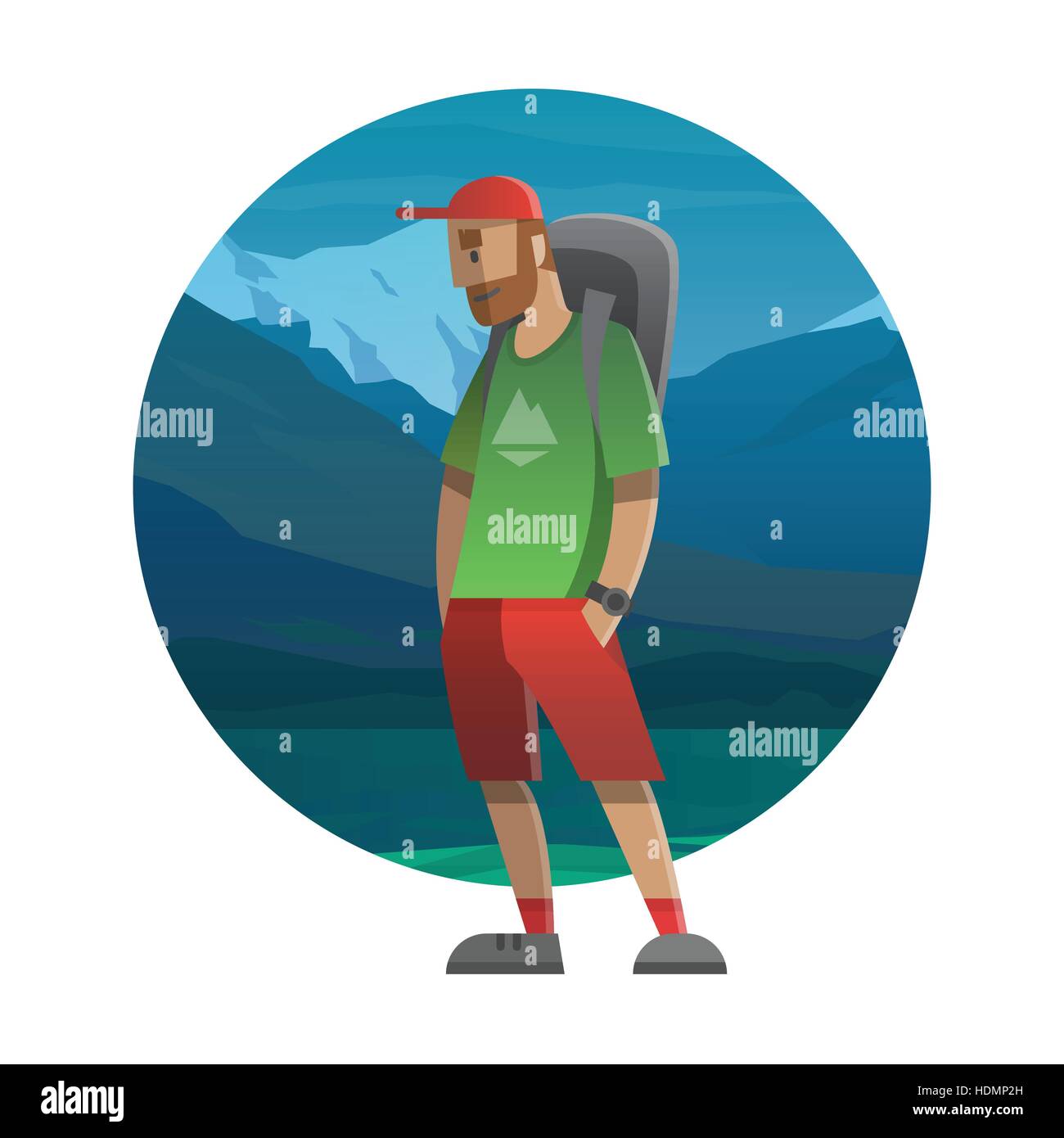 Vektor-Illustration zum Thema Wandern, Wandern, Klettern, Reisen, trekking, Wandern. Junger Mann mit Rucksack. Abenteuer in der Natur, im freien Stock Vektor