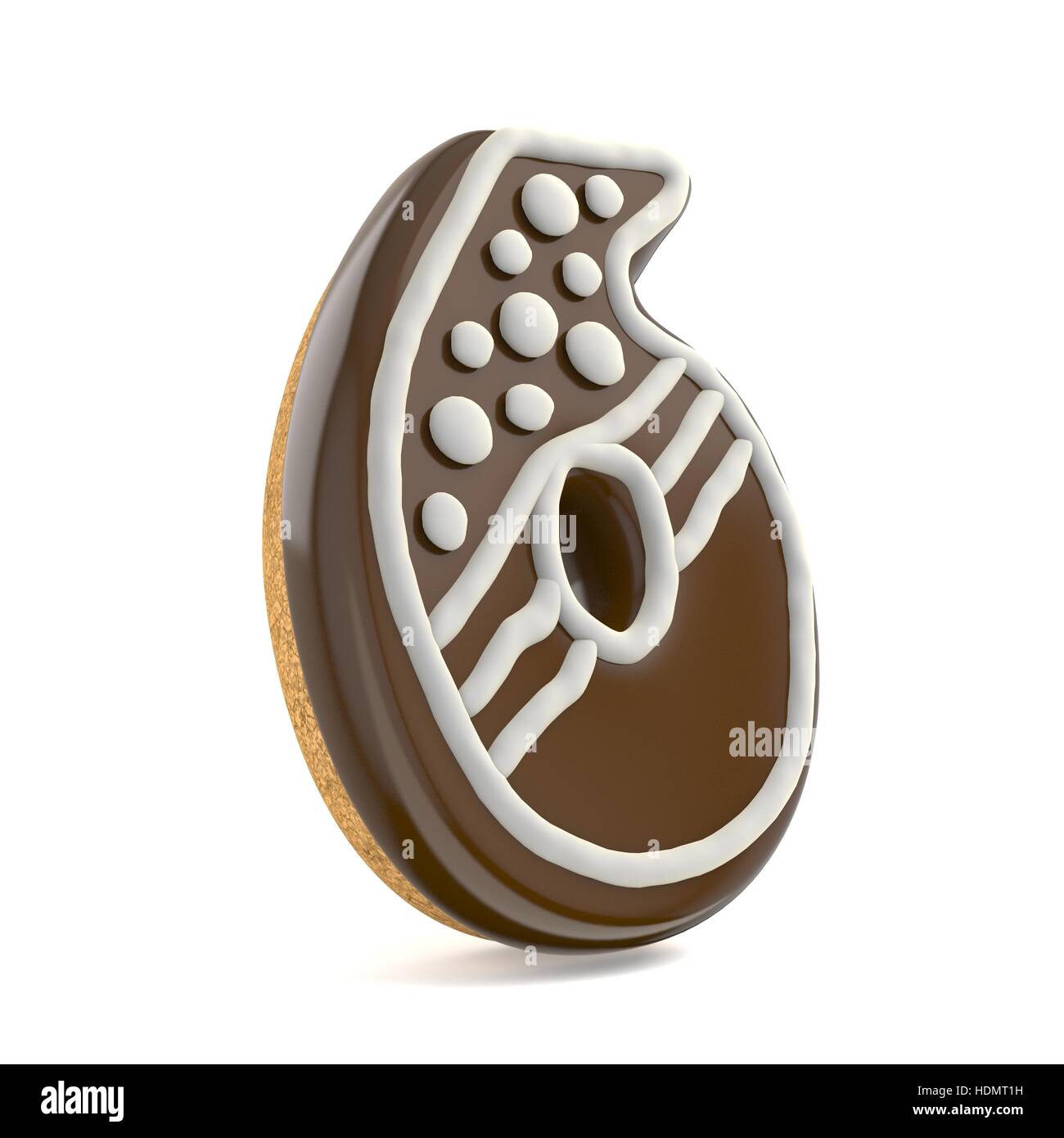 Nummer sechs 6 Schokolade Weihnachten Lebkuchen Schriftart mit weißen Linien und Punkten verziert. 3D-Render Abbildung isoliert auf weißem Hintergrund Stockfoto