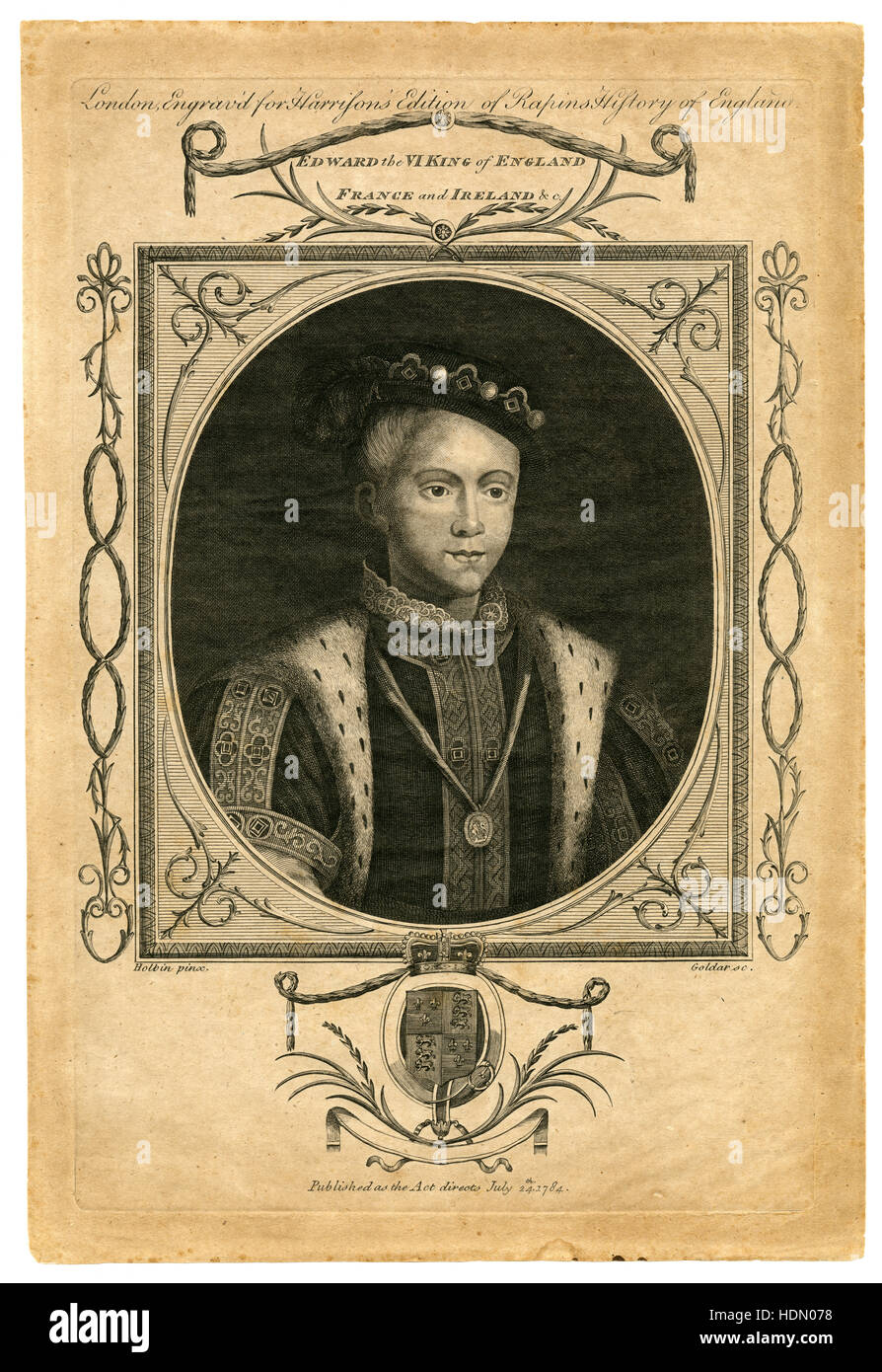 Antike 1784 Gravur, König Edward VI. Eduard VI. (1537-1553) war König von England und Irland von 28 Januar 1547 bis zu seinem Tod. Er wurde am 20. Februar im Alter von neun Jahren gekrönt. Der Sohn von Heinrich VIII. und Jane Seymour, war Edward Englands erste Monarch als Protestant angehoben werden. QUELLE: ORIGINAL GRAVUR. Stockfoto