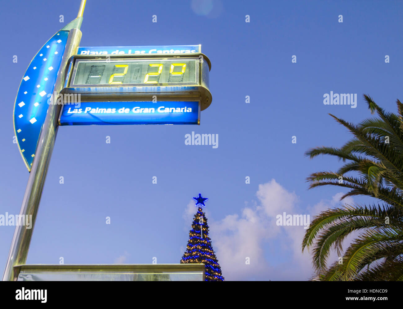 Las Palmas, Gran Canaria, Kanarische Inseln, Spanien. 14. Dezember 2016.  Wetter: Einen lauen 22 Grad Celsius in der Dämmerung als Weihnachtsbaum  Lichter der Stadt-Strand in Las Palmas, der Hauptstadt von Gran Canaria