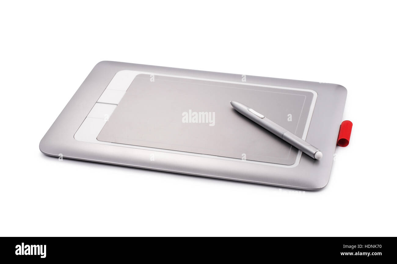 Grafik, digitale Tablet mit Stift, isoliert auf weißem Hintergrund. Stockfoto