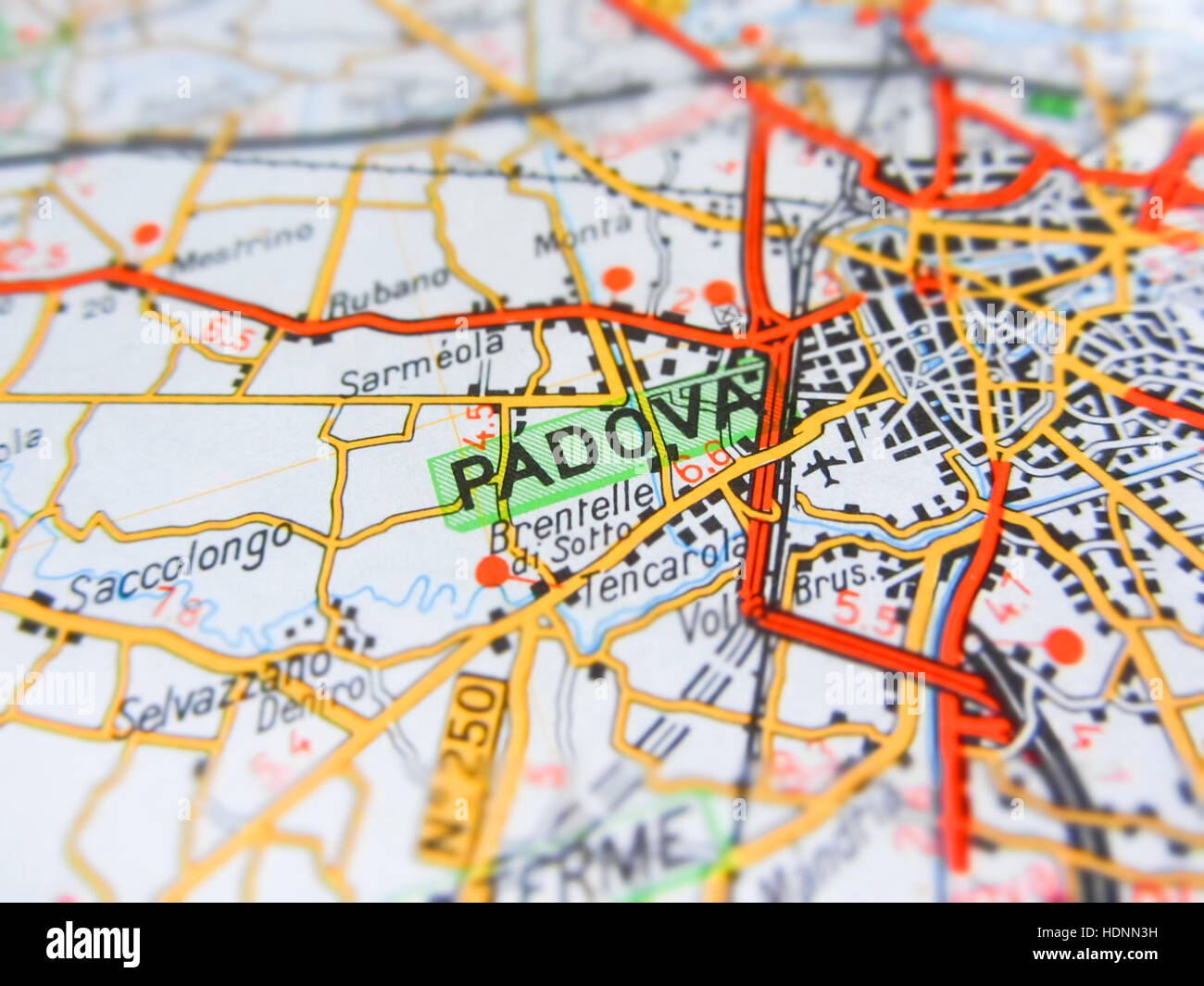 Mittelpunkt der Stadt Padua (Italien) über einen Fahrplan Stockfoto