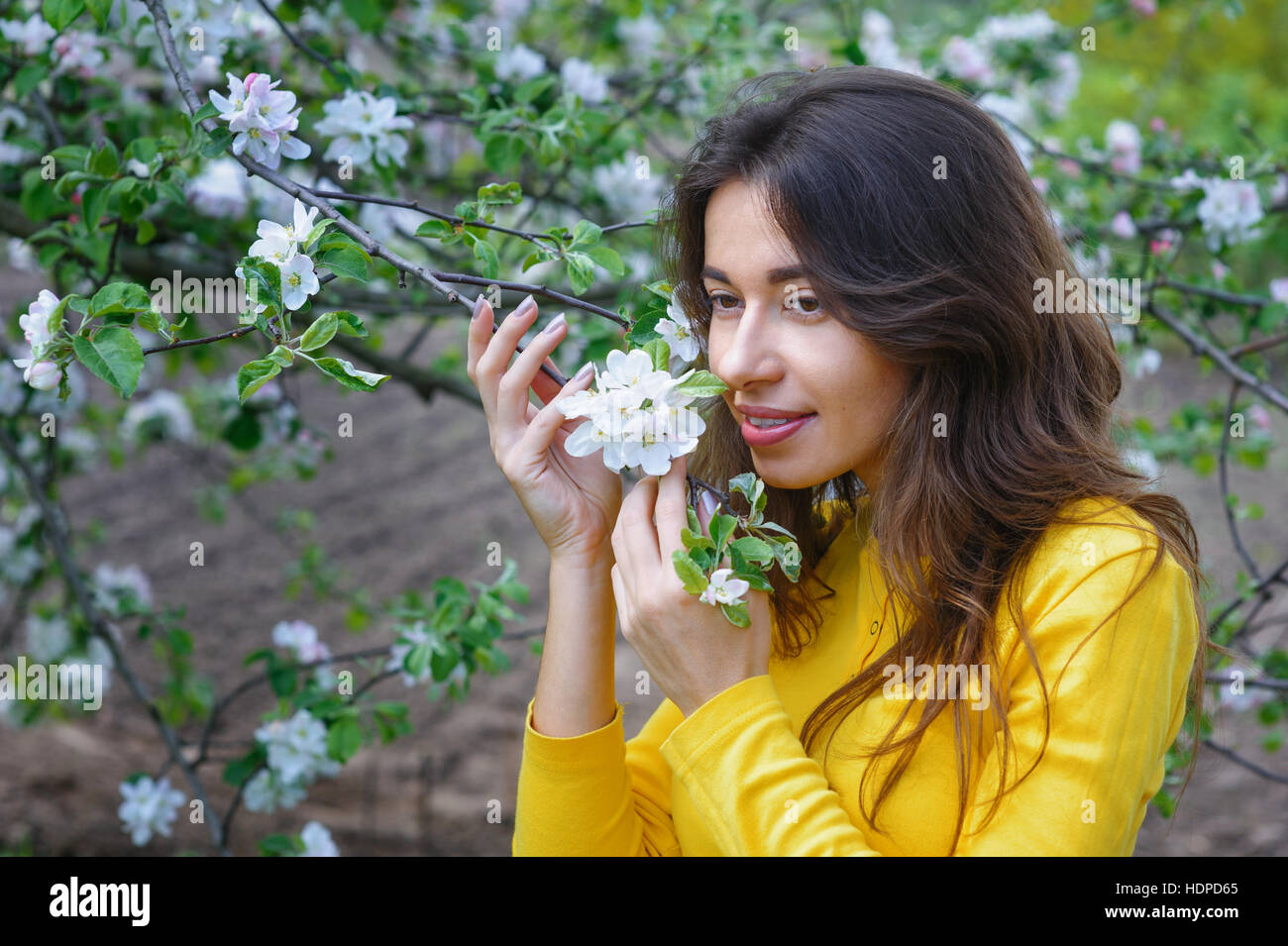 junge schöne Frau in der Nähe von blühenden Frühlingsgarten Baum Stockfoto