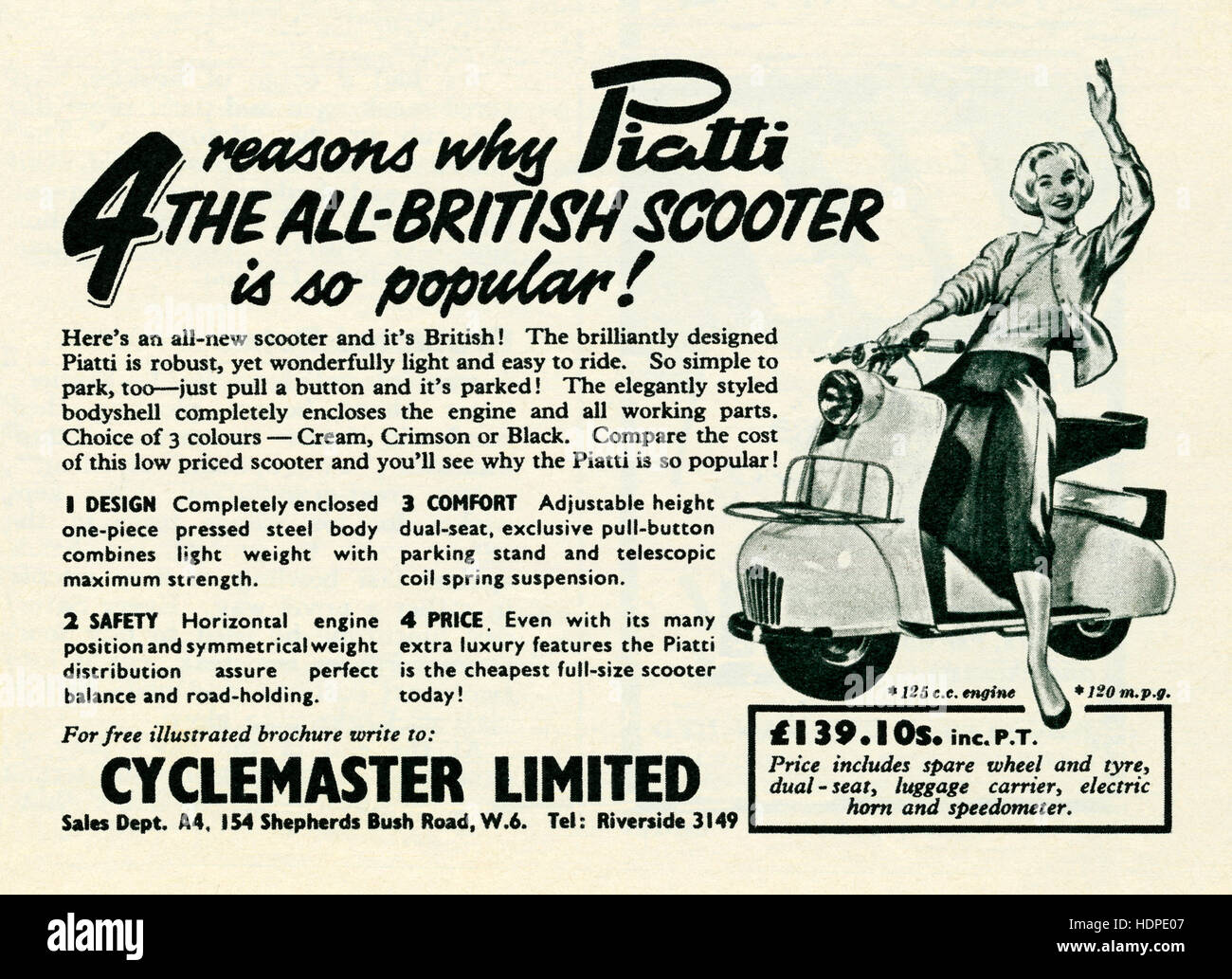 Eine 1957-Werbung für die Briten gemacht, italienisch anmutende Piatti Motorroller Stockfoto
