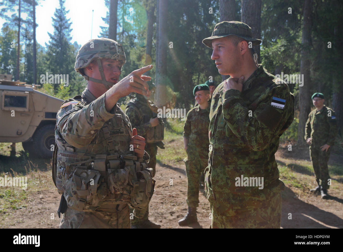 USA und estnische Soldaten diskutieren Strategien vor eine Rakete und Mörtel live-Feuer-Übung für Operation Atlantic zu beheben, bei dem zentralen Truppenübungsplatz 22. August 2015 in der Nähe von Tapa, Estland. Stockfoto
