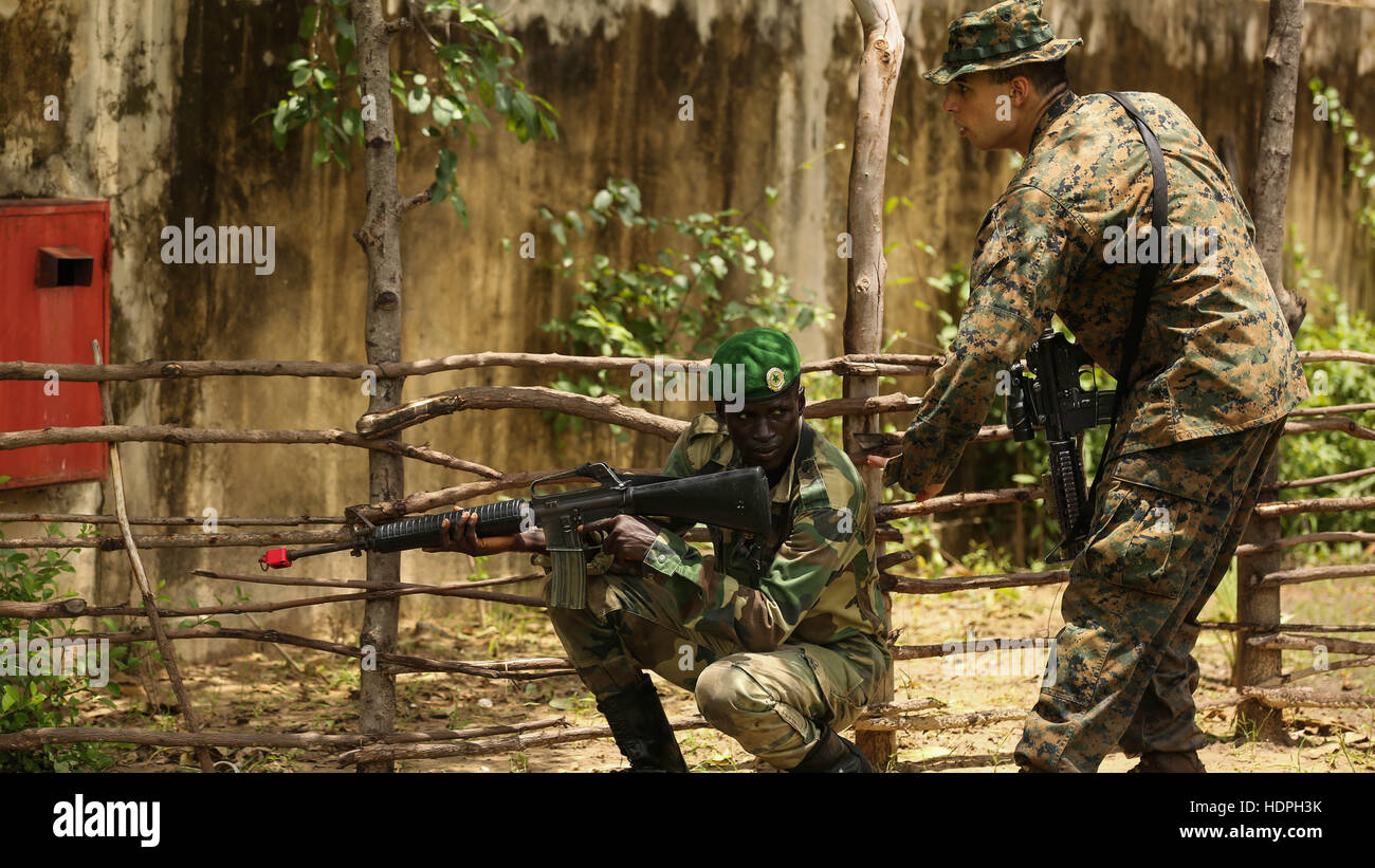 Ein US-Soldat signalisiert einem senegalesischen Compagnie Fusilier de Marin Kommando während einer Patrouille Übung 2. September 2015 in Toubacouta, Senegal. Stockfoto