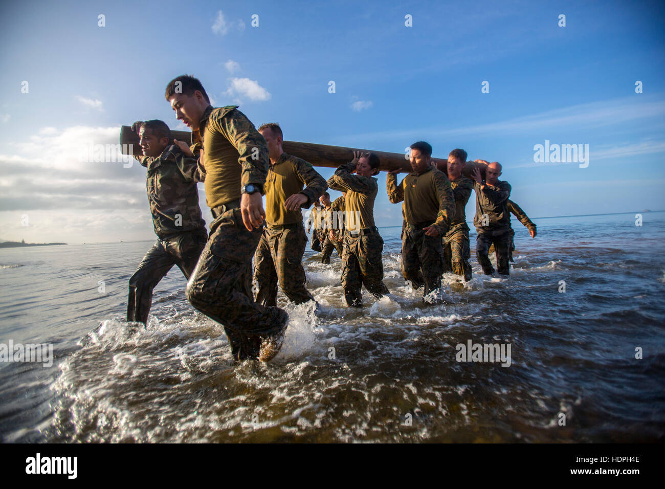 US-Marine Soldaten und Navy Matrosen tragen ein Protokoll durch Strand Hindernisse während der Croix Du Sud humanitäre Hilfe und Disaster Relief Übungen 9. November 2016 in Noumea, Neukaledonien. Stockfoto