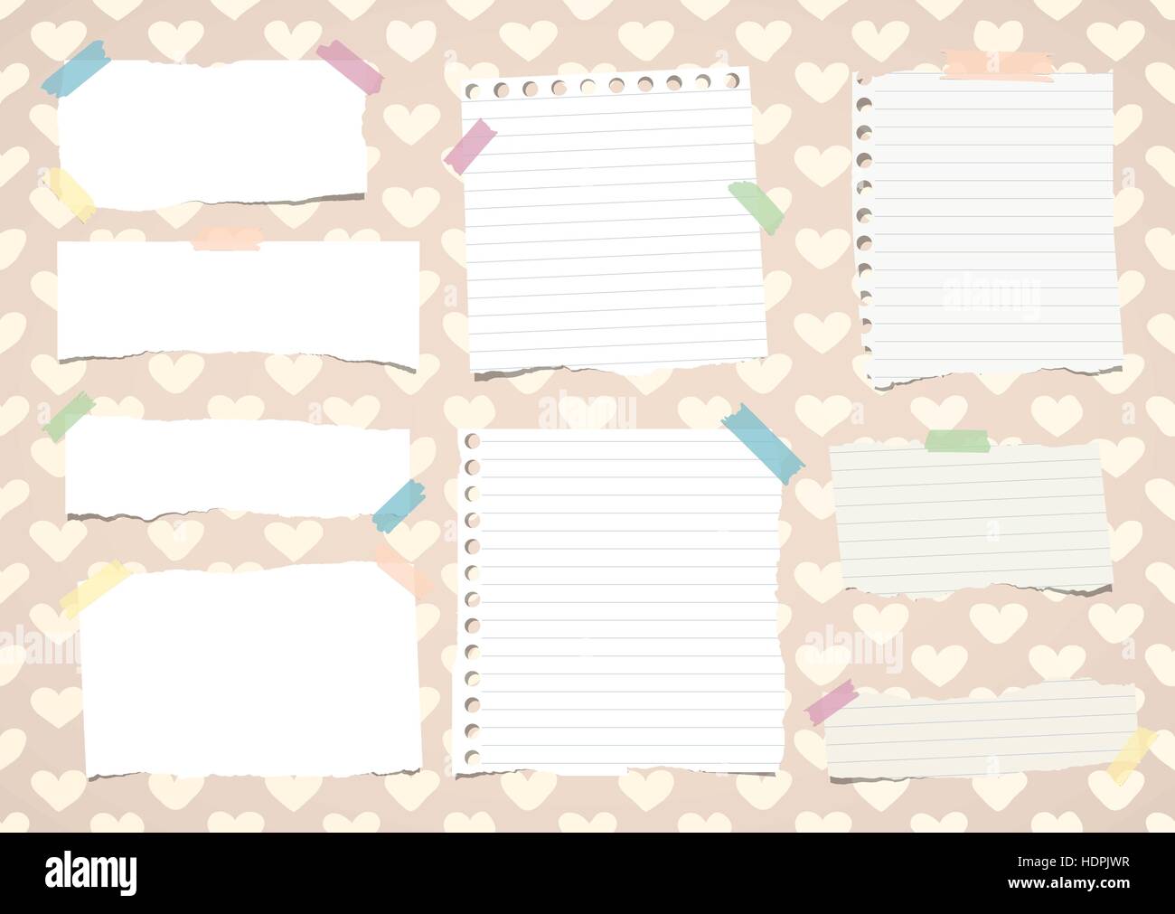 Weiße Notebook, Kopie Buch gerissen aufgeklebt Muster erstellt von Herzformen Notizpapier Stock Vektor