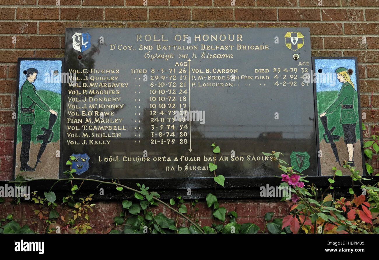 Falls rd, Garten der Erinnerung, IRA-Mitglieder getötet, verstorben auch Ex-Häftlinge, West Belfast, NI, UK - Roll Of Honour Stockfoto