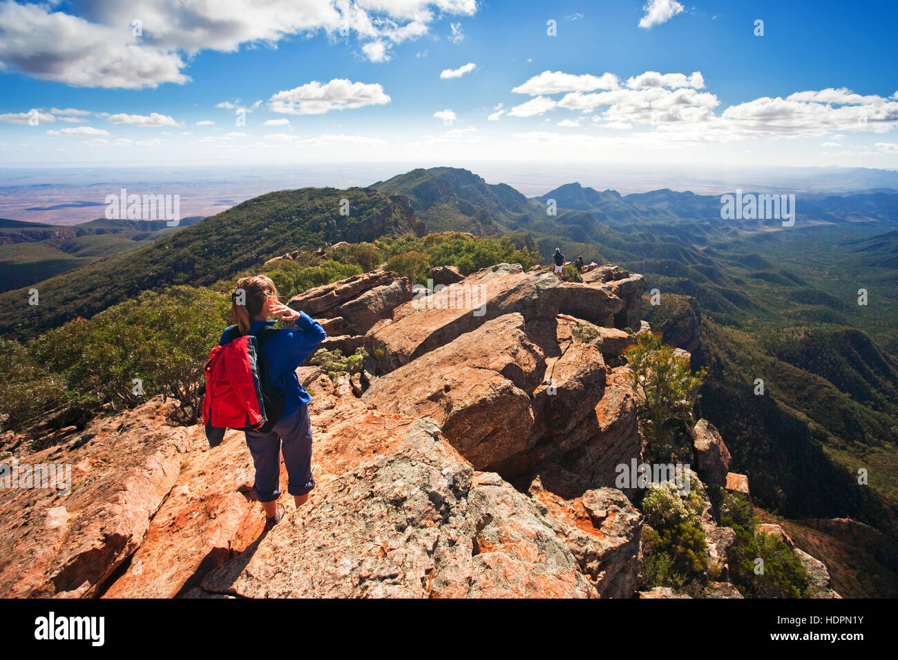 Flinders Ranges Wilpena Pound South Australia australischen Landschaften St Mary Gipfel Wanderung Wandern Wanderweg Eukalyptusbäumen outback-Landschaft Stockfoto