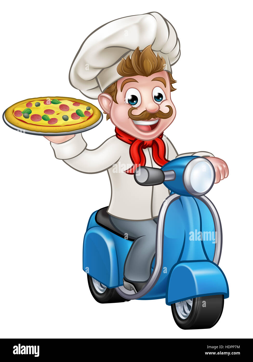 Koch oder Köchin Comicfigur eine Lieferung Moped Motorrad-Motorroller und halten eine pizza Stockfoto