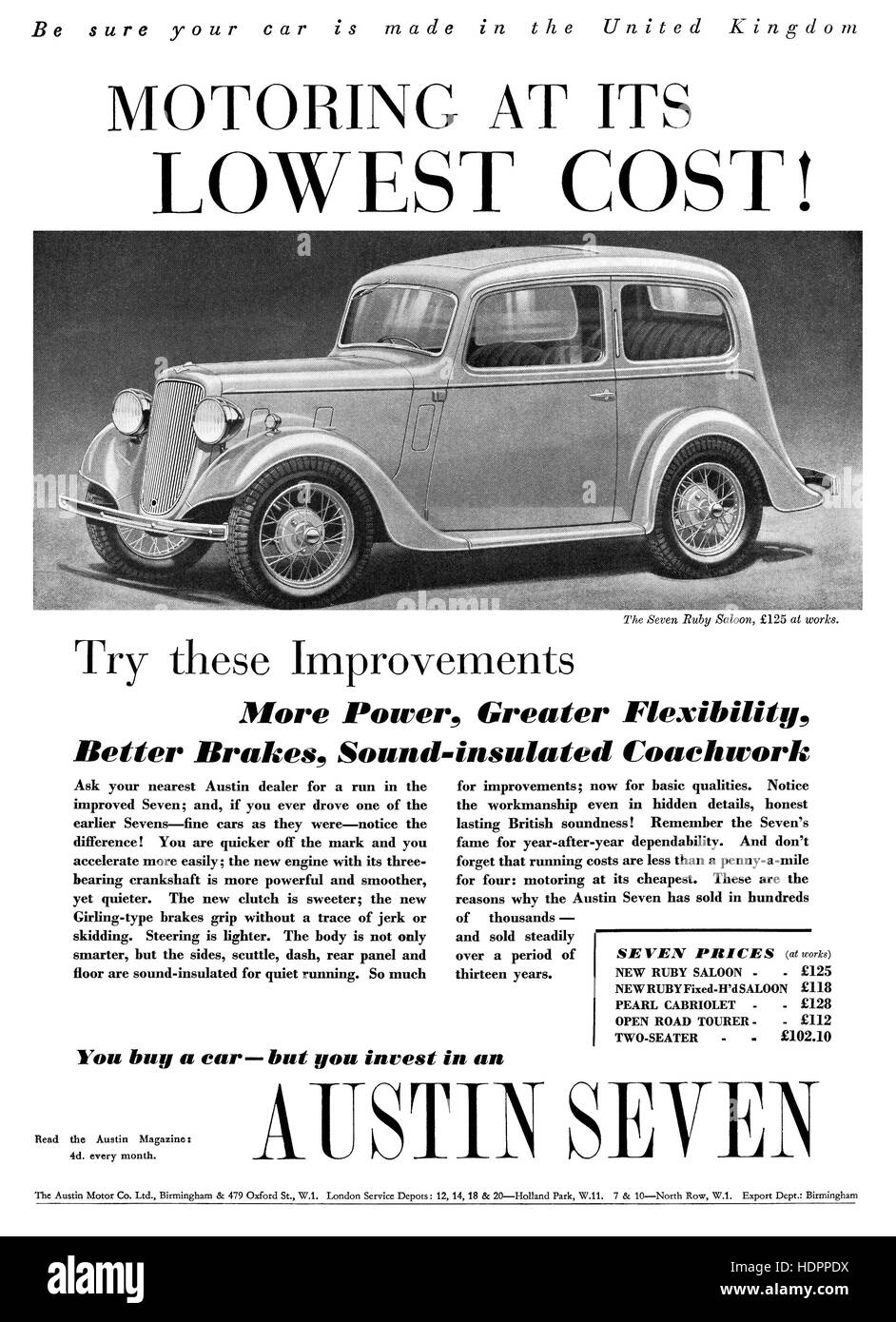 1937 britische Werbung für den Austin Seven Motorwagen Stockfoto