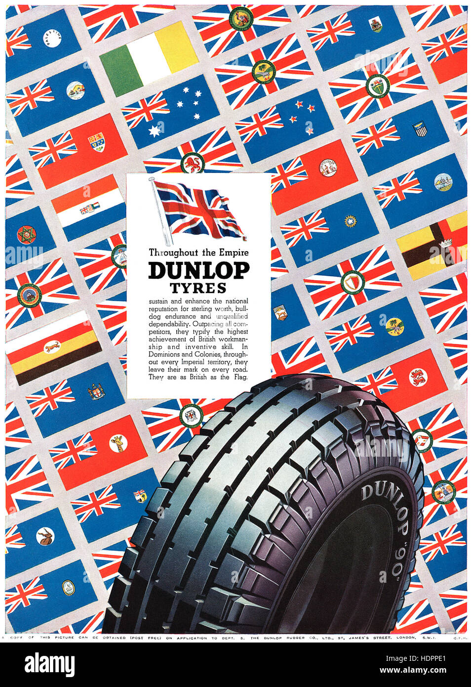 1937 britische Werbung für Dunlop-Reifen Stockfoto