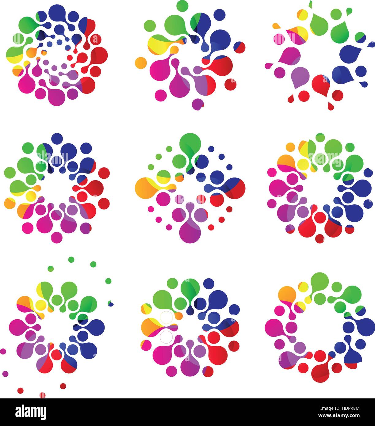 Isolierte abstrakte bunte Runde Form punktiert Logo-Sammlung. Blume-Logos stellen. Florale Symbole auf weiß. Virus-Zeichen. Hellen Feuerwerk Embleme. Ungewöhnlichen Mikroorganismen. Vektor-Sonne-Illustration. Stock Vektor
