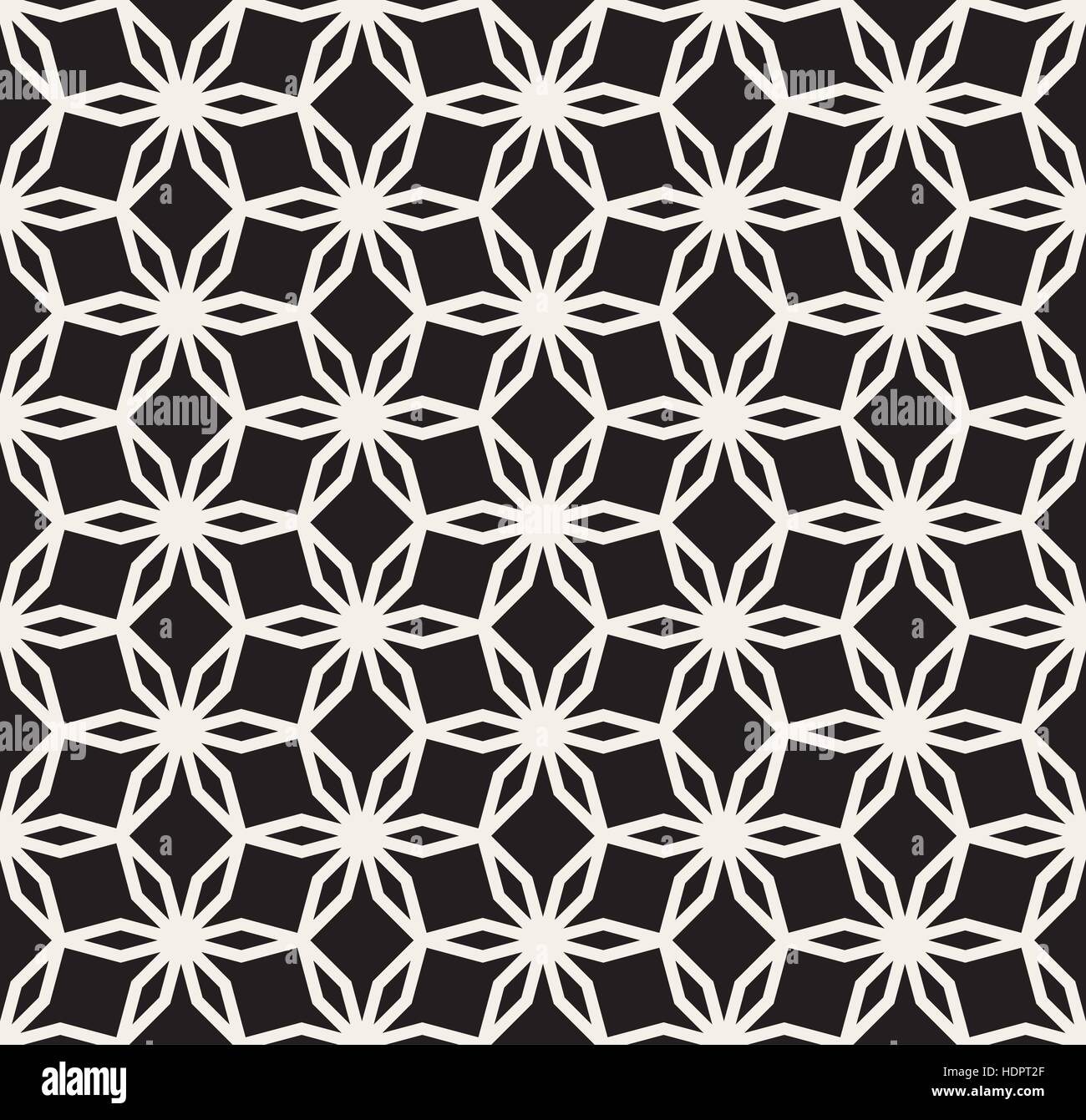 Vector Black And White nahtlose sechseckige Sterne Blütenspitze Linienmuster Stock Vektor