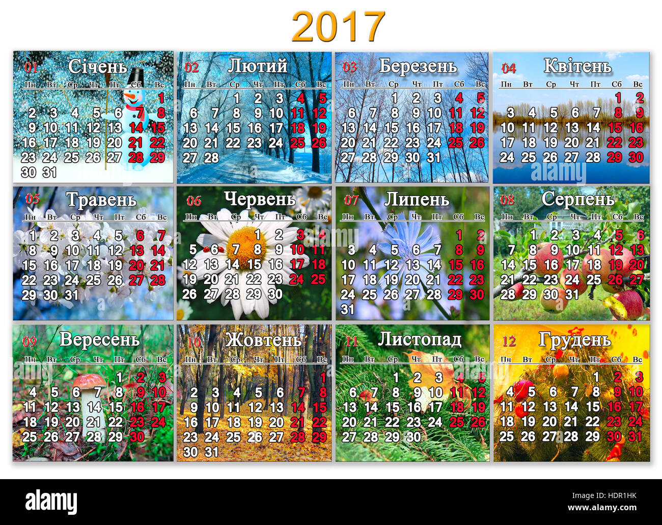 Kalender für das Jahr 2017 in ukrainischer Sprache mit Foto der Natur für jeden Monat Stockfoto