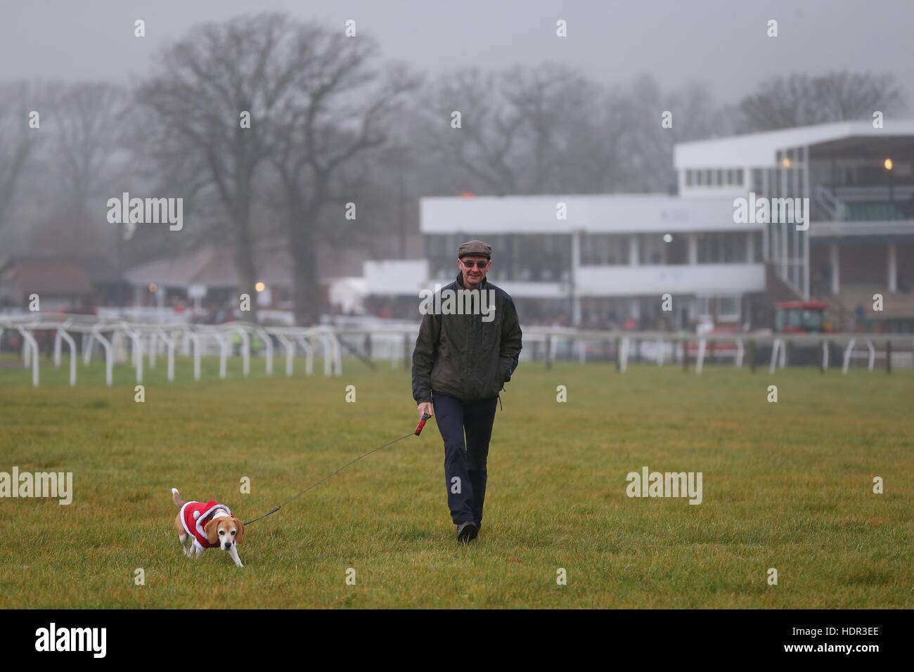 Ein Mann mittleren Alters, Spaziergang mit seinem Hund Plumpton Racecourse Stockfoto