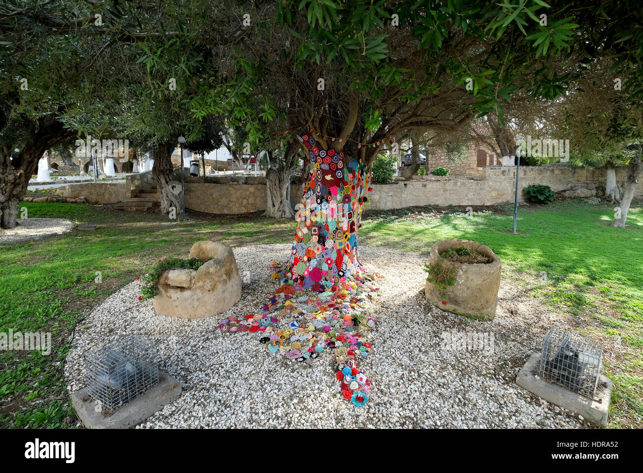 Ein Baum von gestrickten wollenen Blumen in einem Park Gladstonos in Paphos Altstadt eingerichtet. Stockfoto