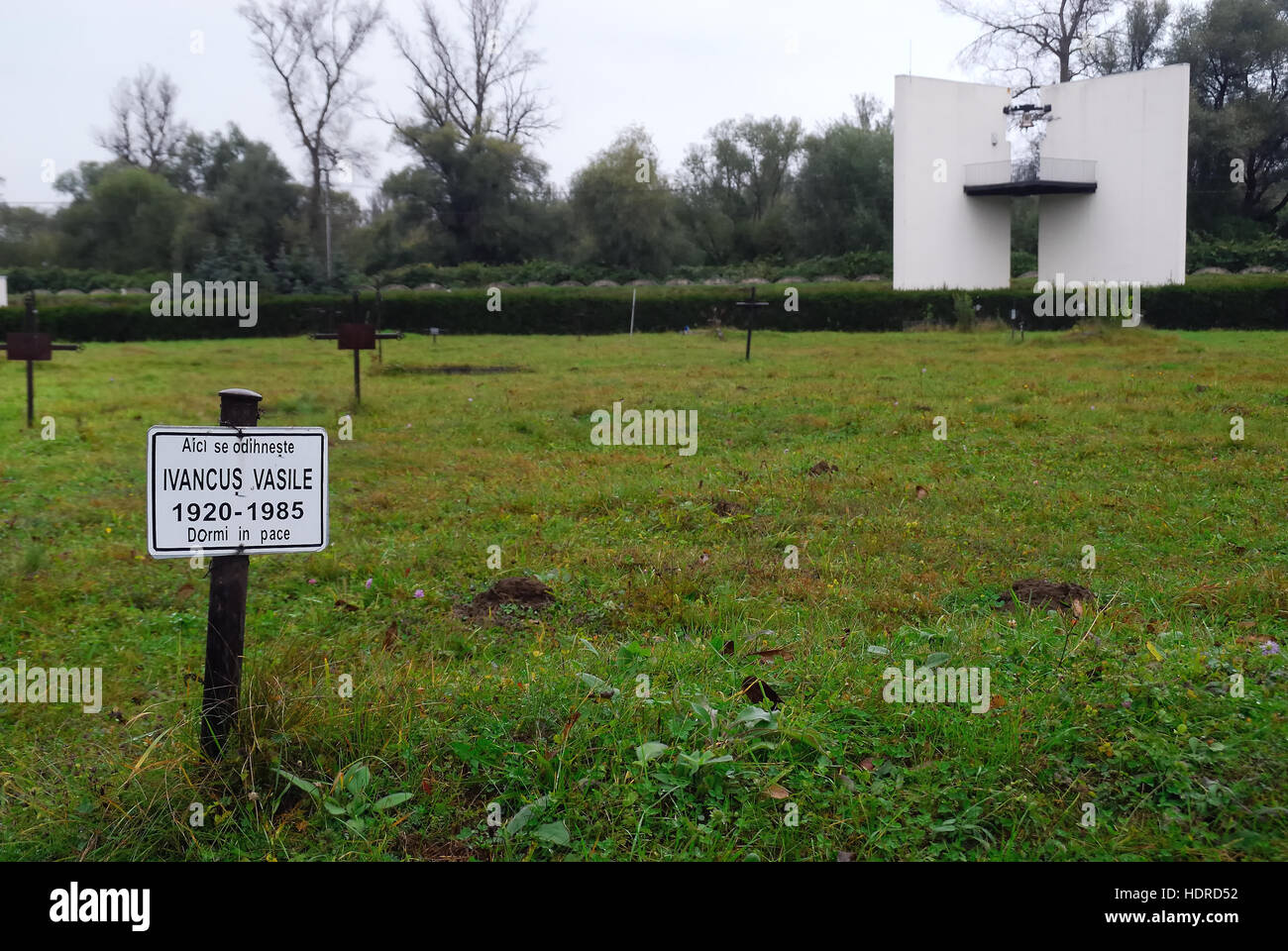 Sighetu Marmatiei, Region Maramures, Rumänien. Die Cimitirul Saracilor (Englisch: Friedhof der Armen), am Stadtrand von Sighetu Marmatiei, widmet sich die politischen Gefangenen, die in den Jahren des kommunistischen Regimes im Gefängnis starb. Hunderte von politischen Gegnern wurden in den fünfziger Jahren dort anonym begraben. Die Stadt Sighetu Marmatiei, mit seinem speziellen Gefängnis war das Epizentrum der Repression. Der Friedhof enthält auch einige Schiefer Tabellen mit den Namen der Deportierten Rumänen, die im Gulag gestorben und Gefängnissen der Sowjetunion geschnitzt. Stockfoto