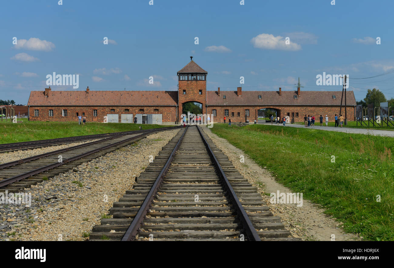 Bahngleise, Torhaus, Konzentrationslager, Auschwitz-Birkenau, Auschwitz, Polen Stockfoto