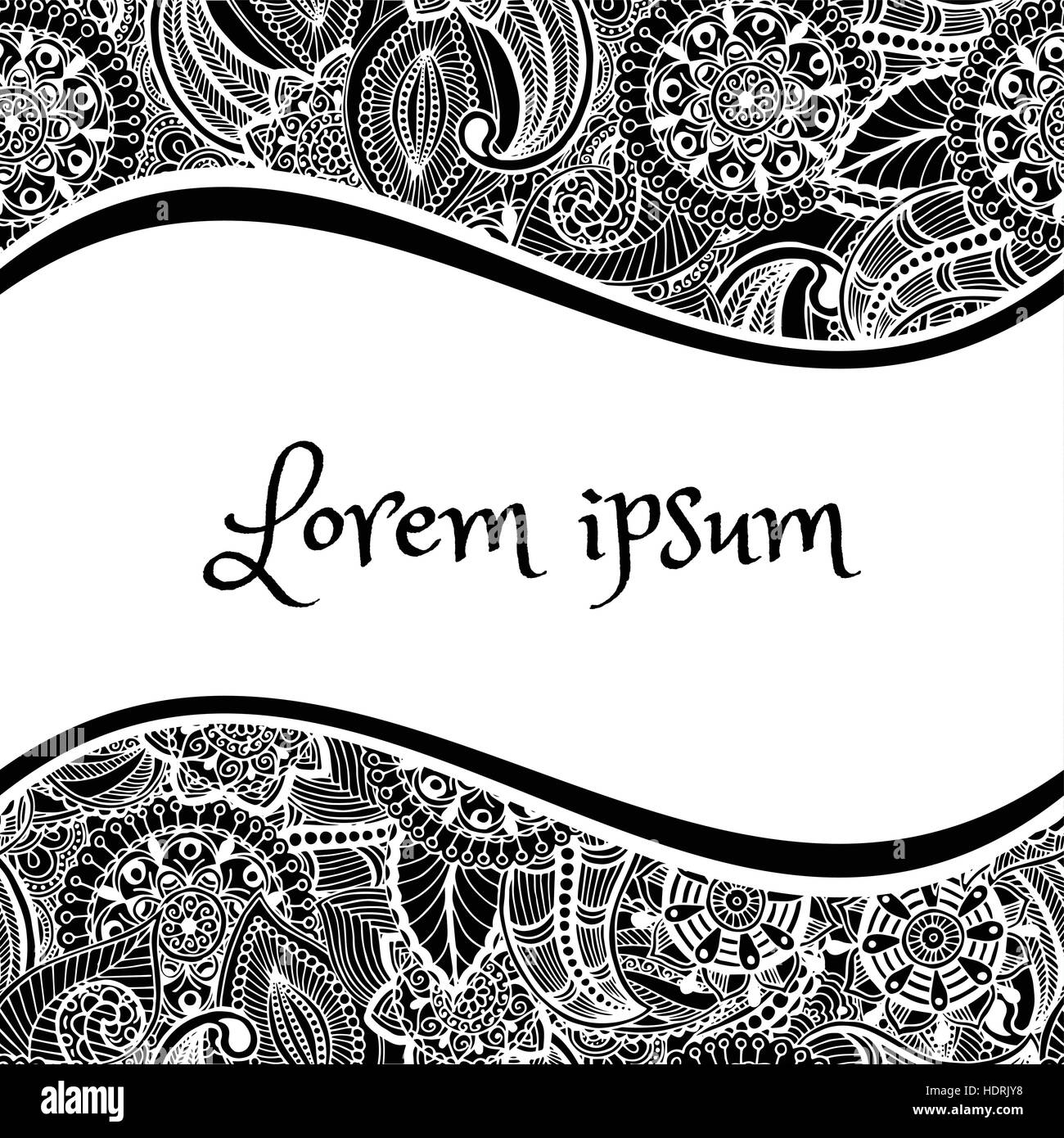 Vintage Freihand Zeichnung Musterdesign mit Platz für Text. Handschriftlich schwarz Ornament auf weißem Hintergrund. Vektor-Illustration. Für Stoffe verwendet, Stock Vektor