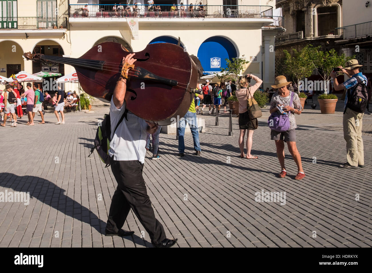 Musiker mit seinem Kontrabass über der Schulter durch die Plaza Vieja, Havanna Vieja, La Havanna, Kuba. Stockfoto