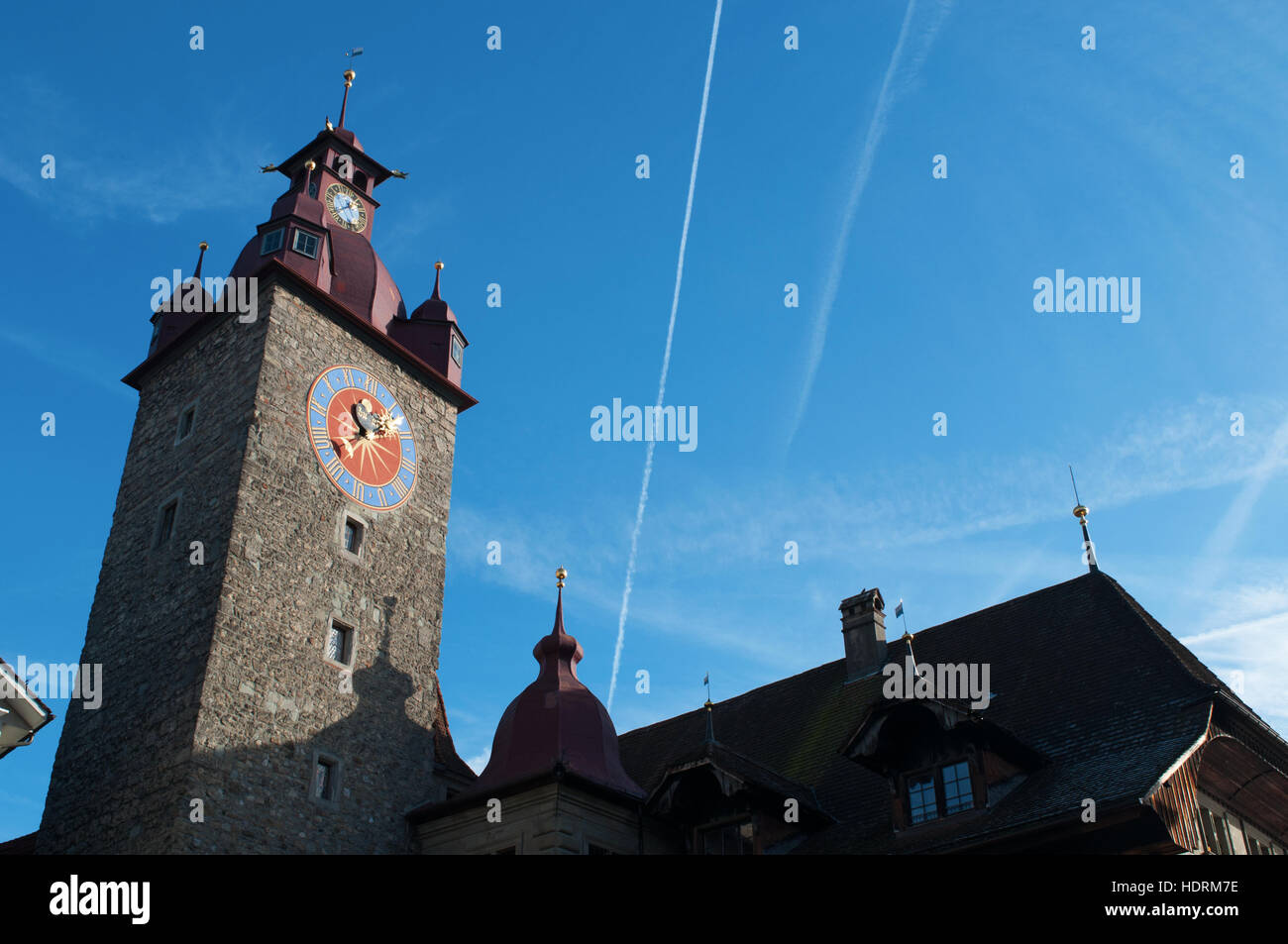 Schweiz, Europa, Architektur: Skyline und Blick auf Zyttrum, das Zit Turm mit der ältesten Stadt clock von Hans Luter im Jahre 1535 in Luzern gebaut Stockfoto