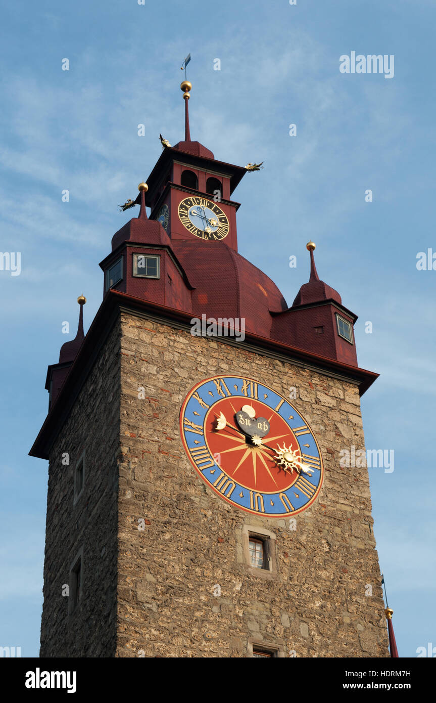 Schweiz, Europa, Architektur: Skyline und Blick auf Zyttrum, das Zit Turm mit der ältesten Stadt clock von Hans Luter im Jahre 1535 in Luzern gebaut Stockfoto