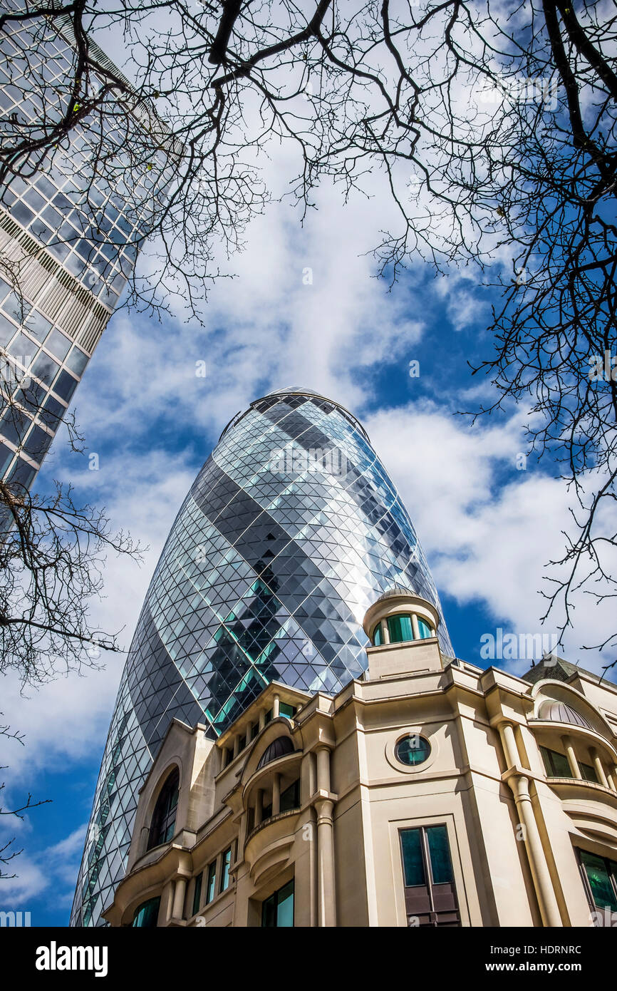 30 St Mary Axe und BPP Universität umrahmt von Ästen gegen einen blauen und bewölktem Himmel; London, England Stockfoto