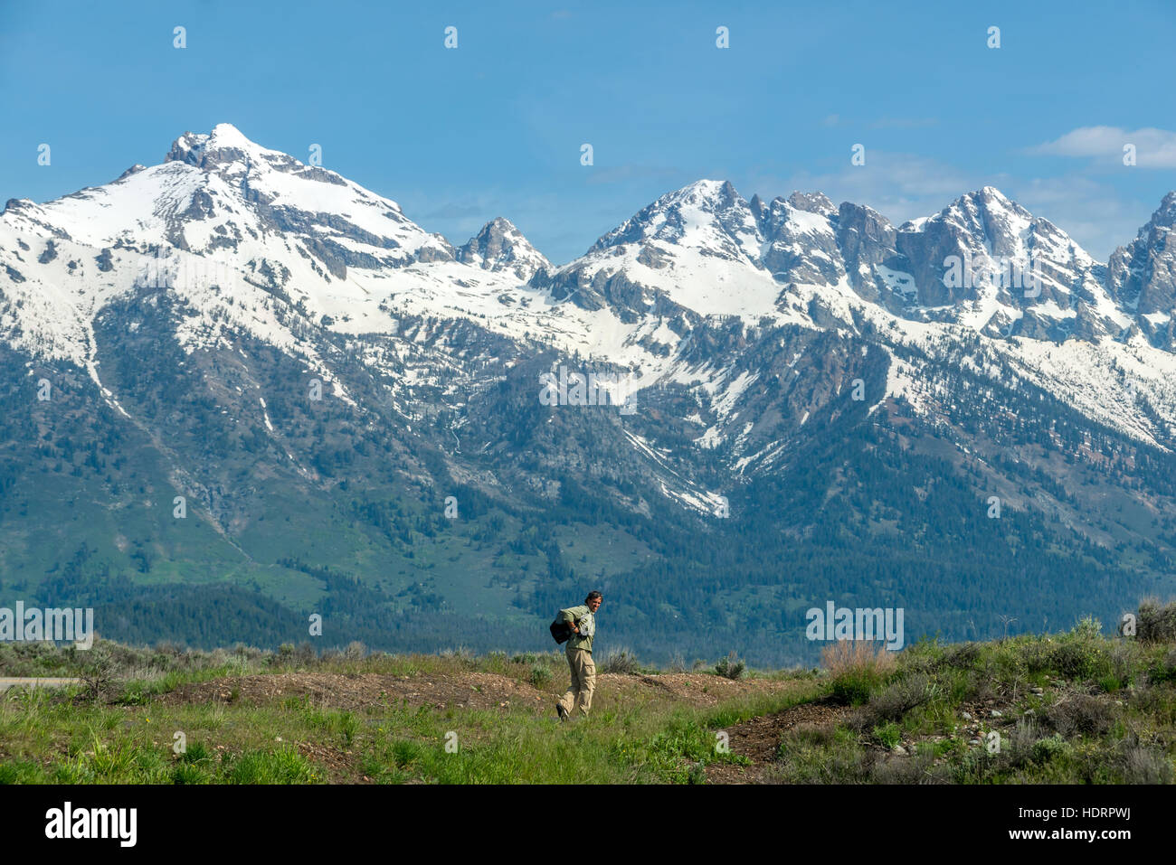 Ein Wanderer zu Fuß in die Wildnis des Grand Teton National Park Stockfoto