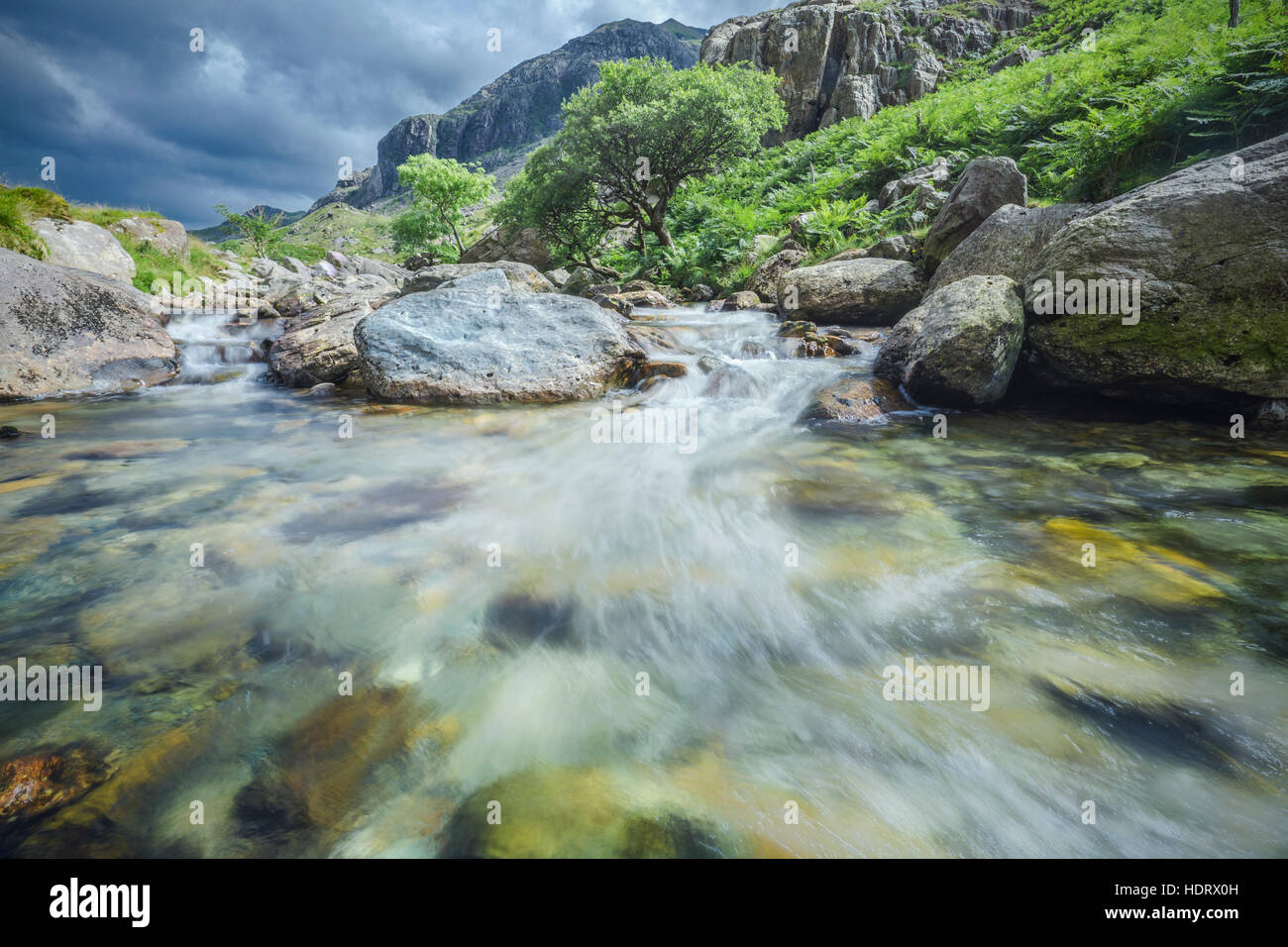 Klares Süßwasser der Mountain Creek im Norden von Wales Stockfoto