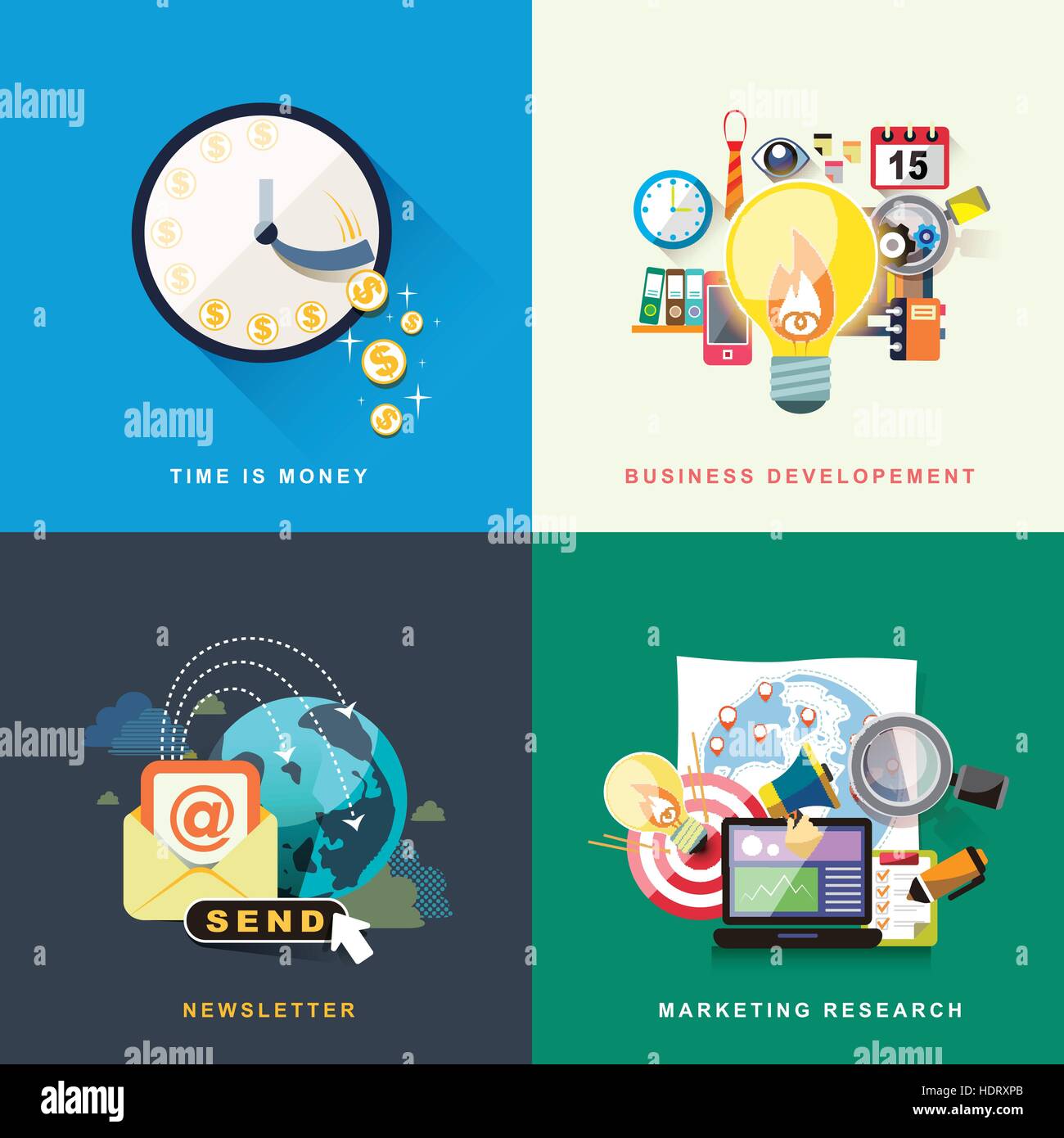 flaches Design-Konzept der Zeit ist Geld, Business Development, Newsletter und marketing-Forschung Stock Vektor