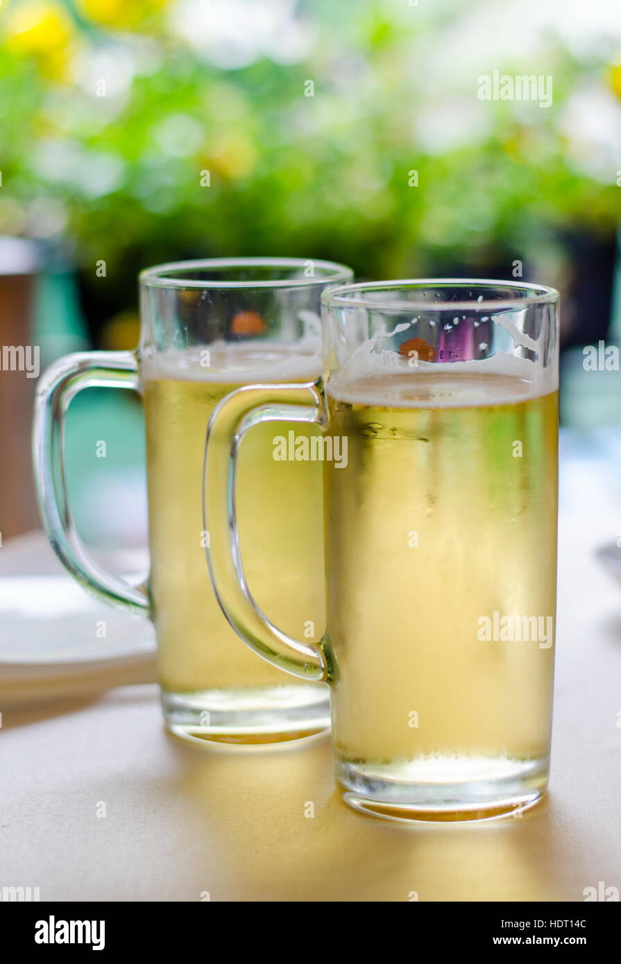 zwei Gläser Bier auf einem Tisch im Tageslicht Stockfoto