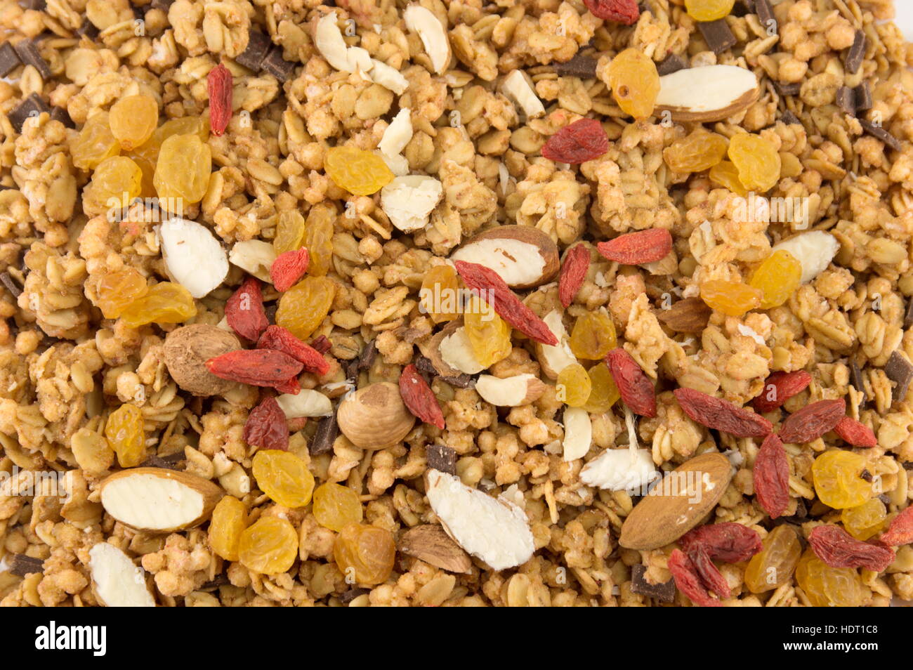 Granola Müsli Müsli mit getrockneten Früchten Hintergrund Stockfoto