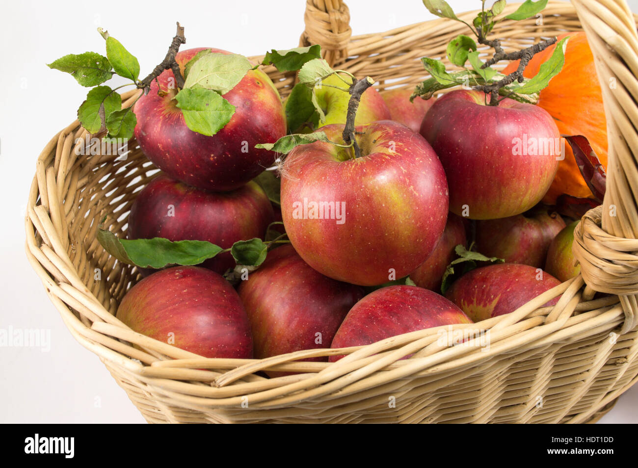 Rosenstrauss rote Äpfel in einen großen hölzernen Korb Stockfoto