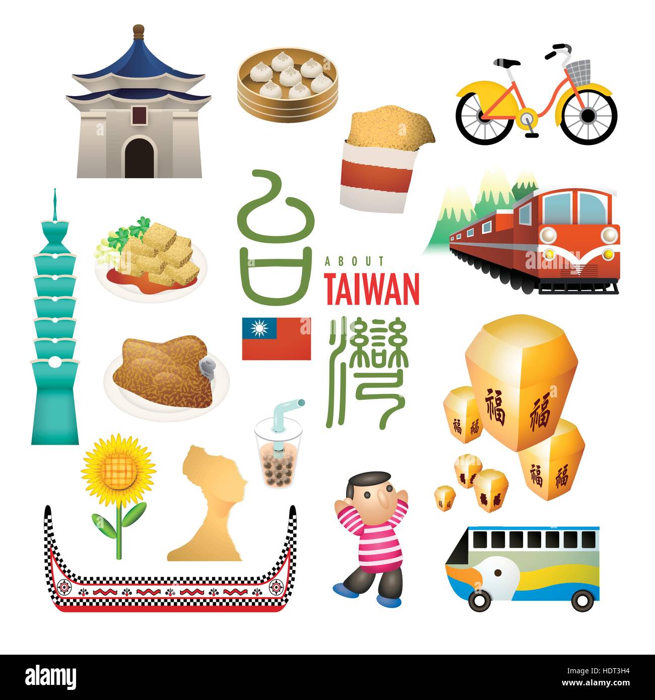 schöne Taiwan Sehenswürdigkeiten und Snacks Karte im flachen Stil - bedeutet das Wort auf Himmelslaternen Segen auf Chinesisch Stock Vektor