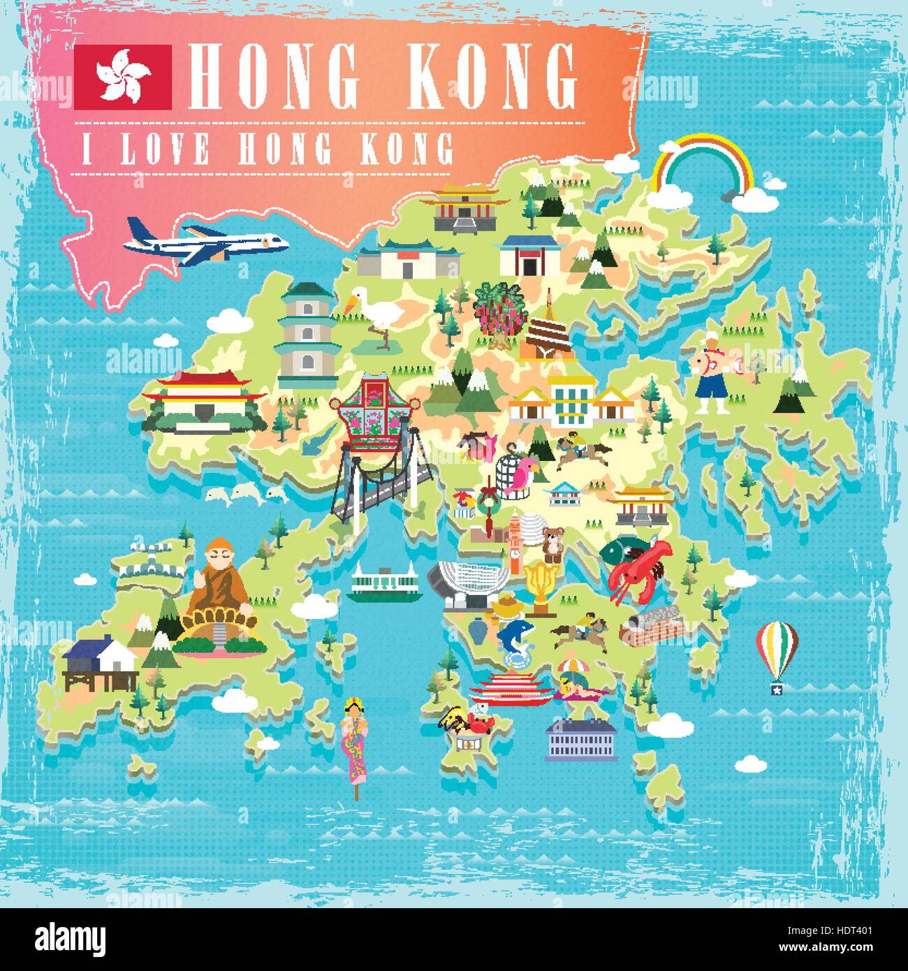 Ich liebe Hongkong Konzept-Reise-Karte mit Sehenswürdigkeiten Icons im flat design Stock Vektor