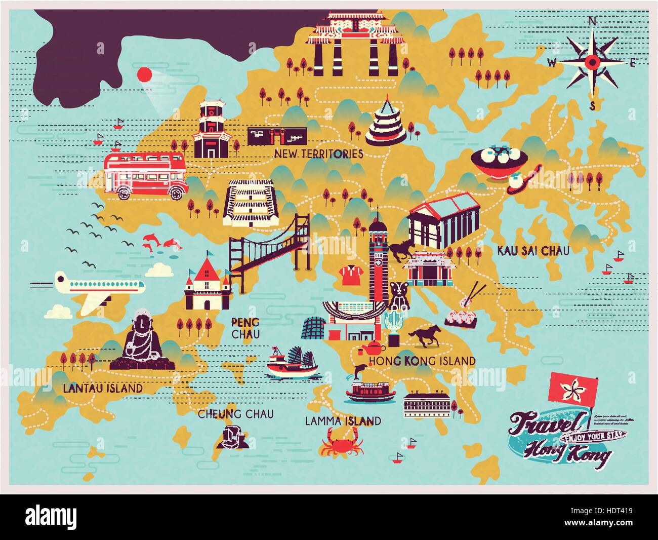 attraktive Hong Kong Reise-Karte mit Sehenswürdigkeiten Icons im flat