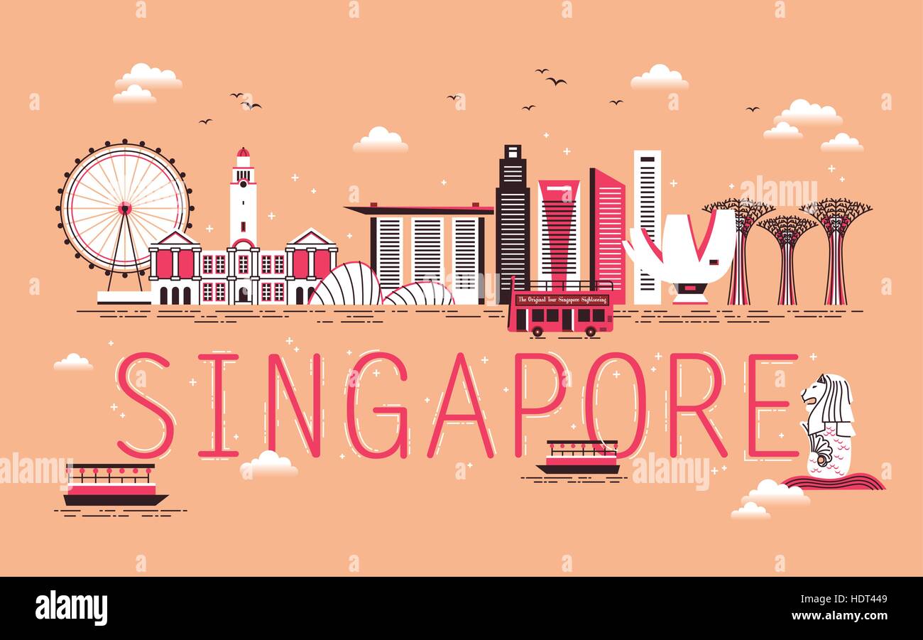 Singapur Reisen Konzeption mit Bucht Szene im flat design Stock Vektor