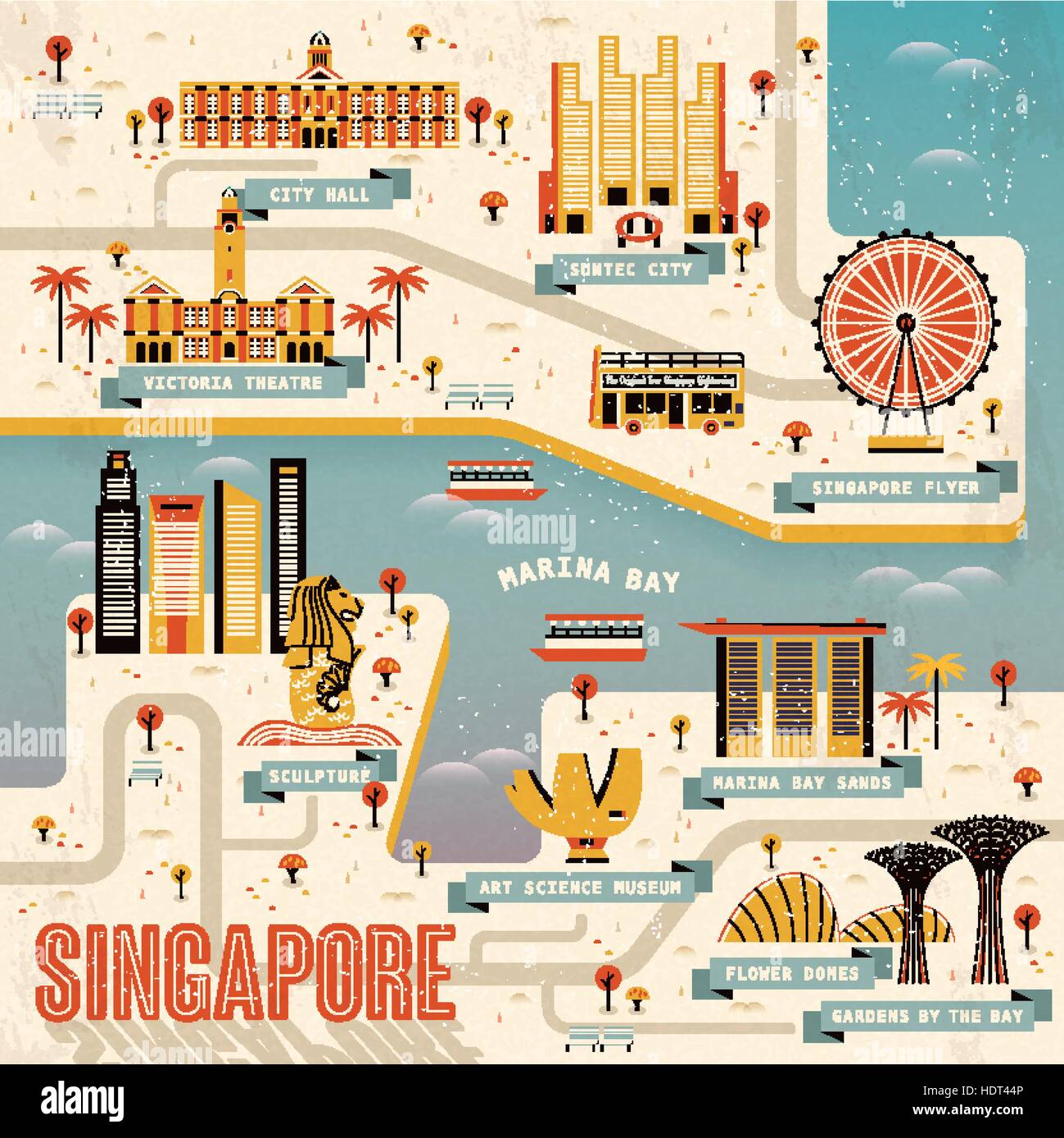 Reisekarte Singapur Marina Bay im flat design Stock Vektor