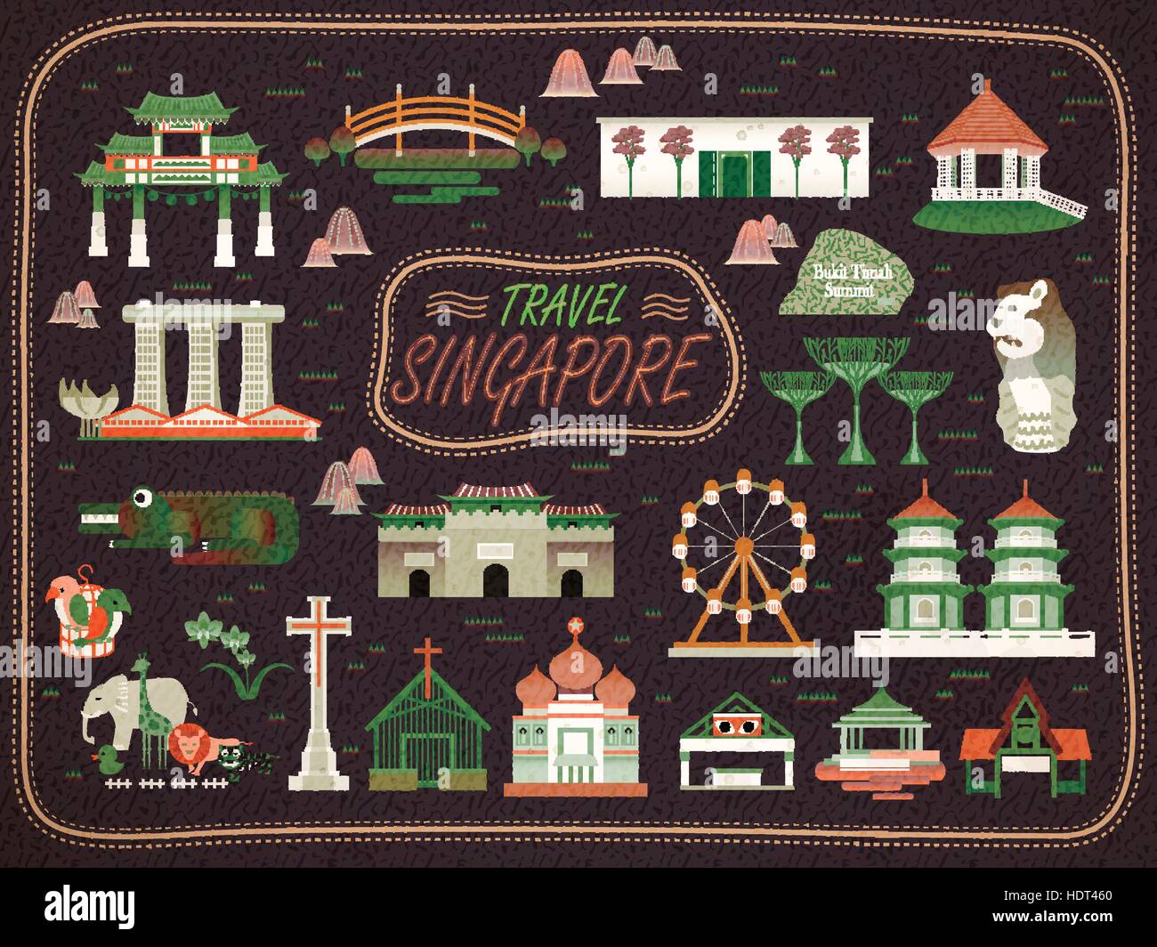 Singapur muss Attraktionen Kollektion im flachen Stil sehen. Stock Vektor