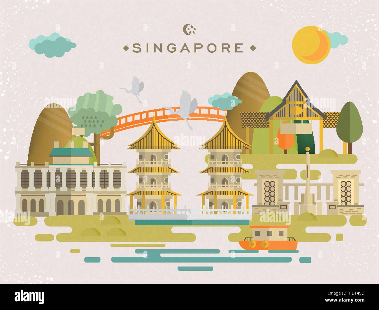 schönen Singapur Landschaft Design im flachen Stil Stock Vektor