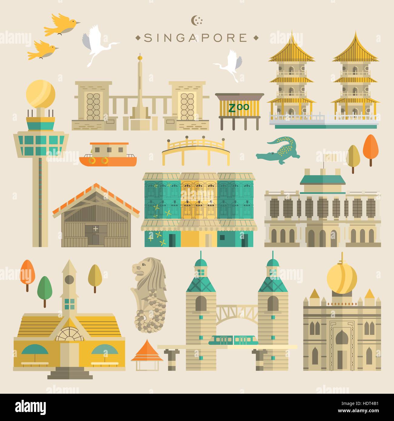 Singapur muss Attraktionen Sammlung im flat Design sehen. Stock Vektor