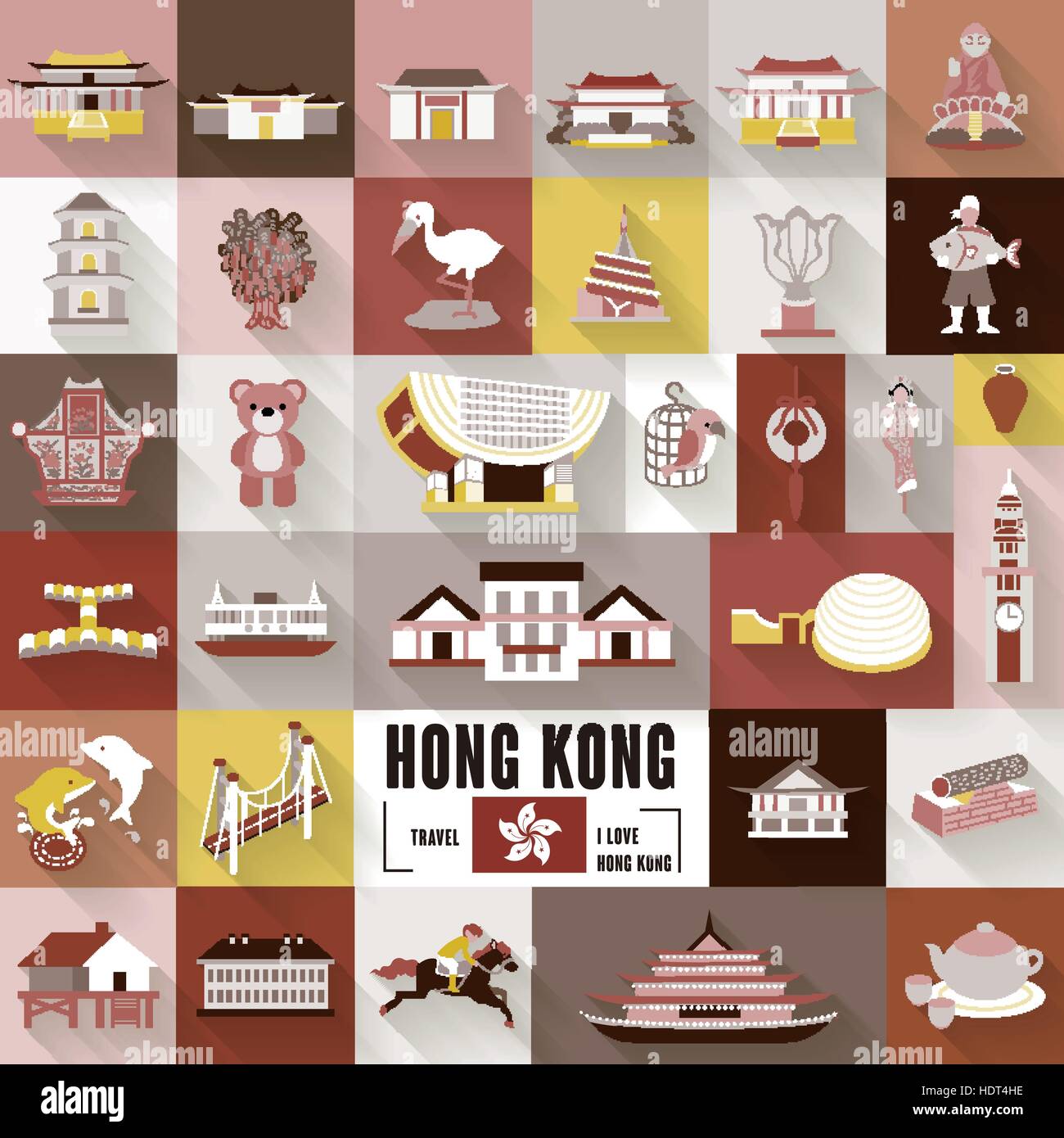 Hong Kong Reisen Kollektion mit langen Schatten im flat Design elements Stock Vektor