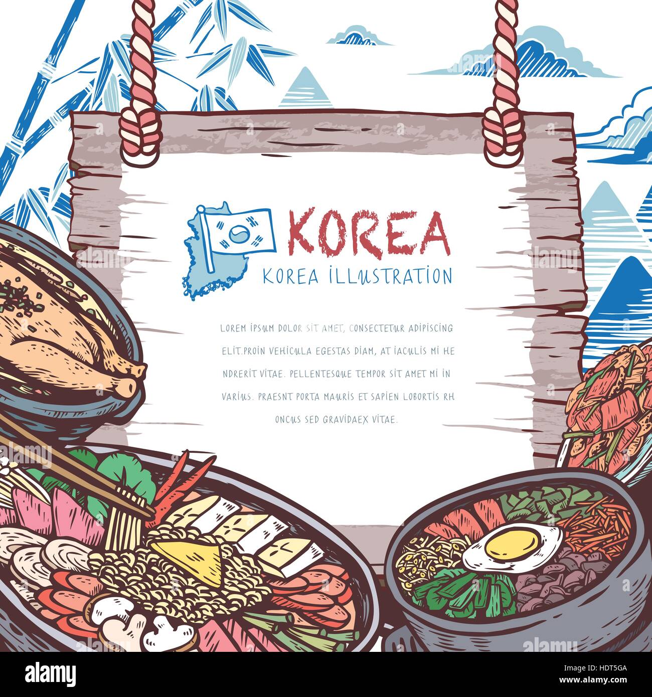 köstliches koreanisches Essen in der hand gezeichnet Stil Stock Vektor