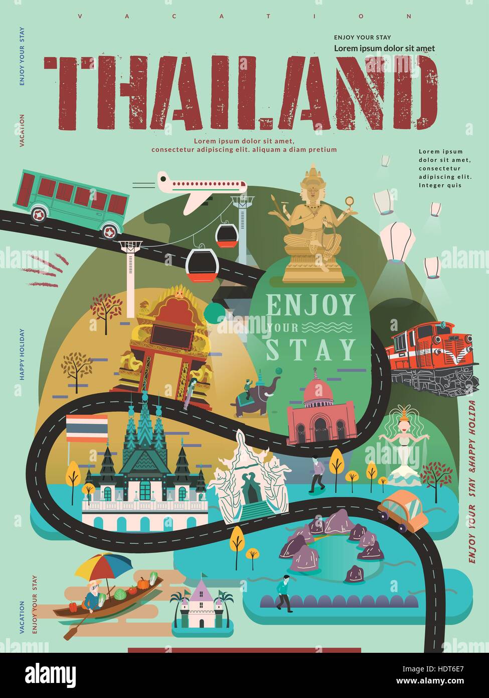 moderne Thailand Reisen Konzept Poster im flachen Stil Stock Vektor