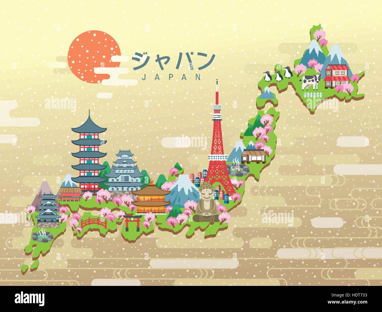 schöne Japan Reise-Karte - Japan in japanischen Wörtern in der Mitte Stock Vektor