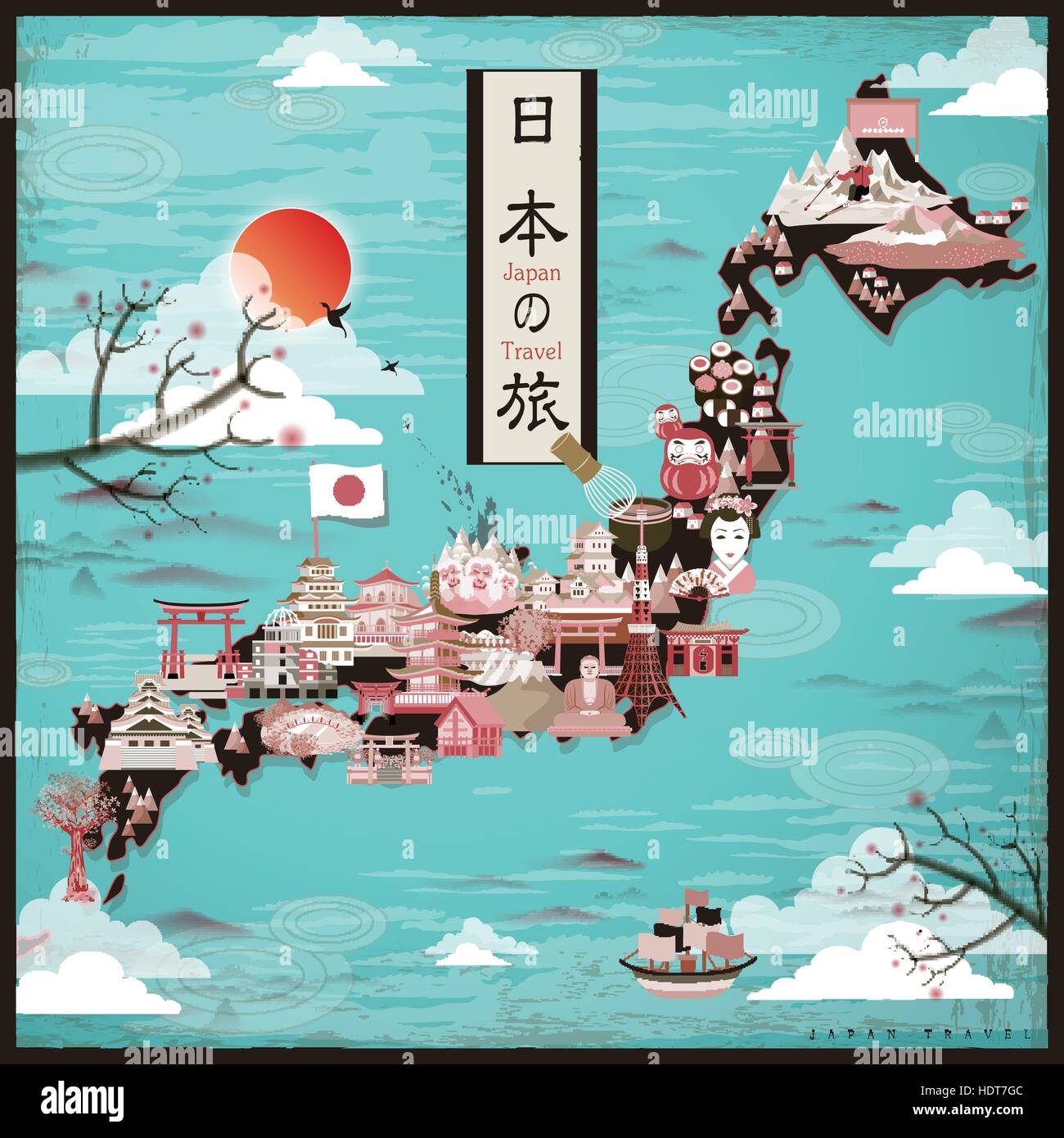 Japan reisen Karte Retrodesign - Japan Reise in japanischen Wörtern