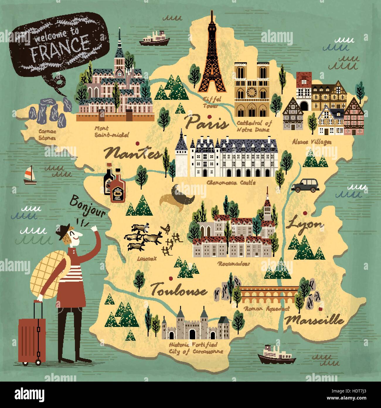 Frankreich Reise-Konzept Abbildung Karte mit Sehenswürdigkeiten Stock Vektor