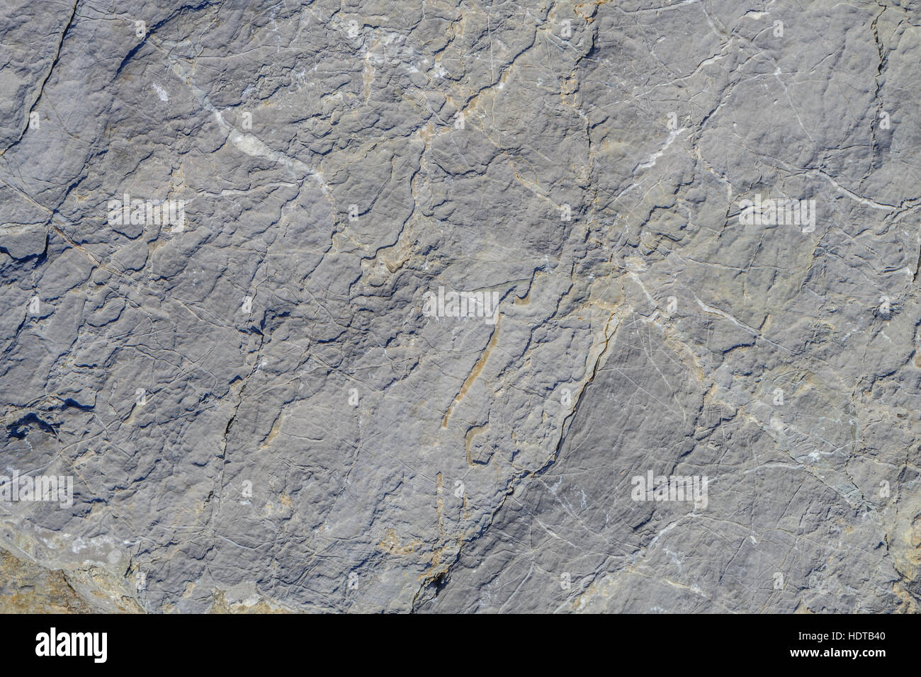 Graue Fläche aus Kalkstein, korrodiert und mit Adern sichtbar. Stockfoto